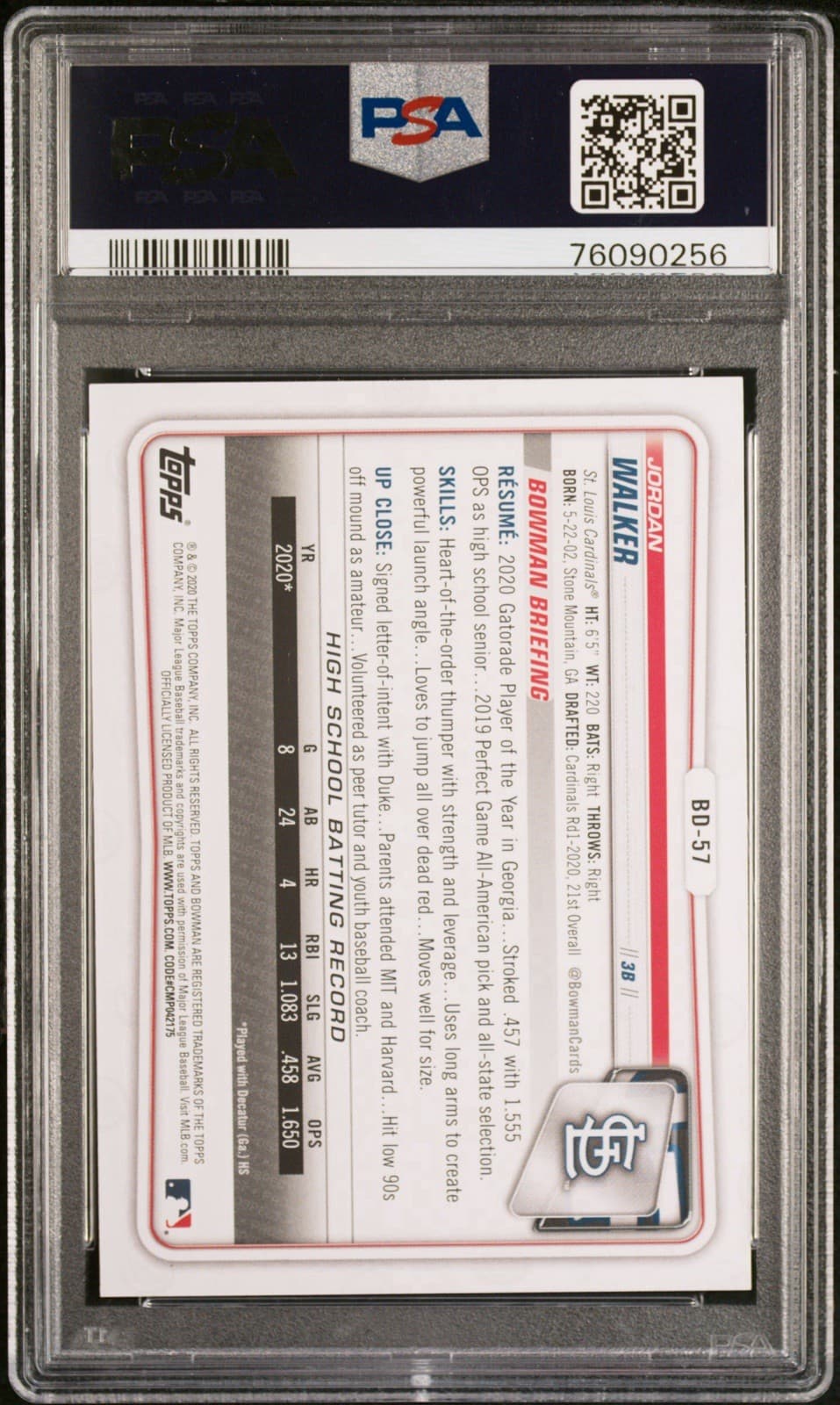 2020 Bowman Draft - Jordan Walker #BD-57 (RC). PSA 10 GEM MT.