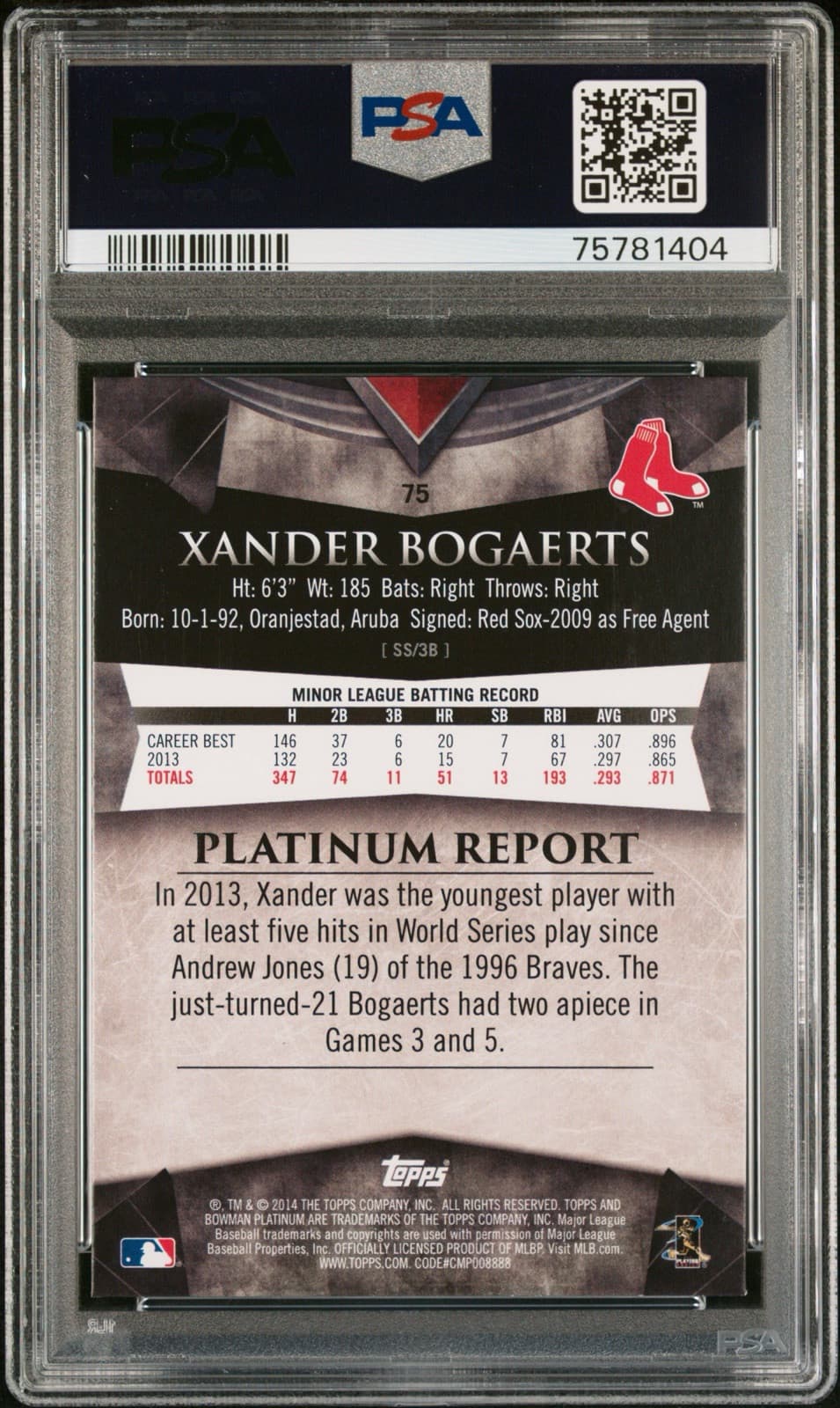 2014 Bowman Platinum - Gold #75 Xander Bogaerts (RC). PSA 9. Pop 6