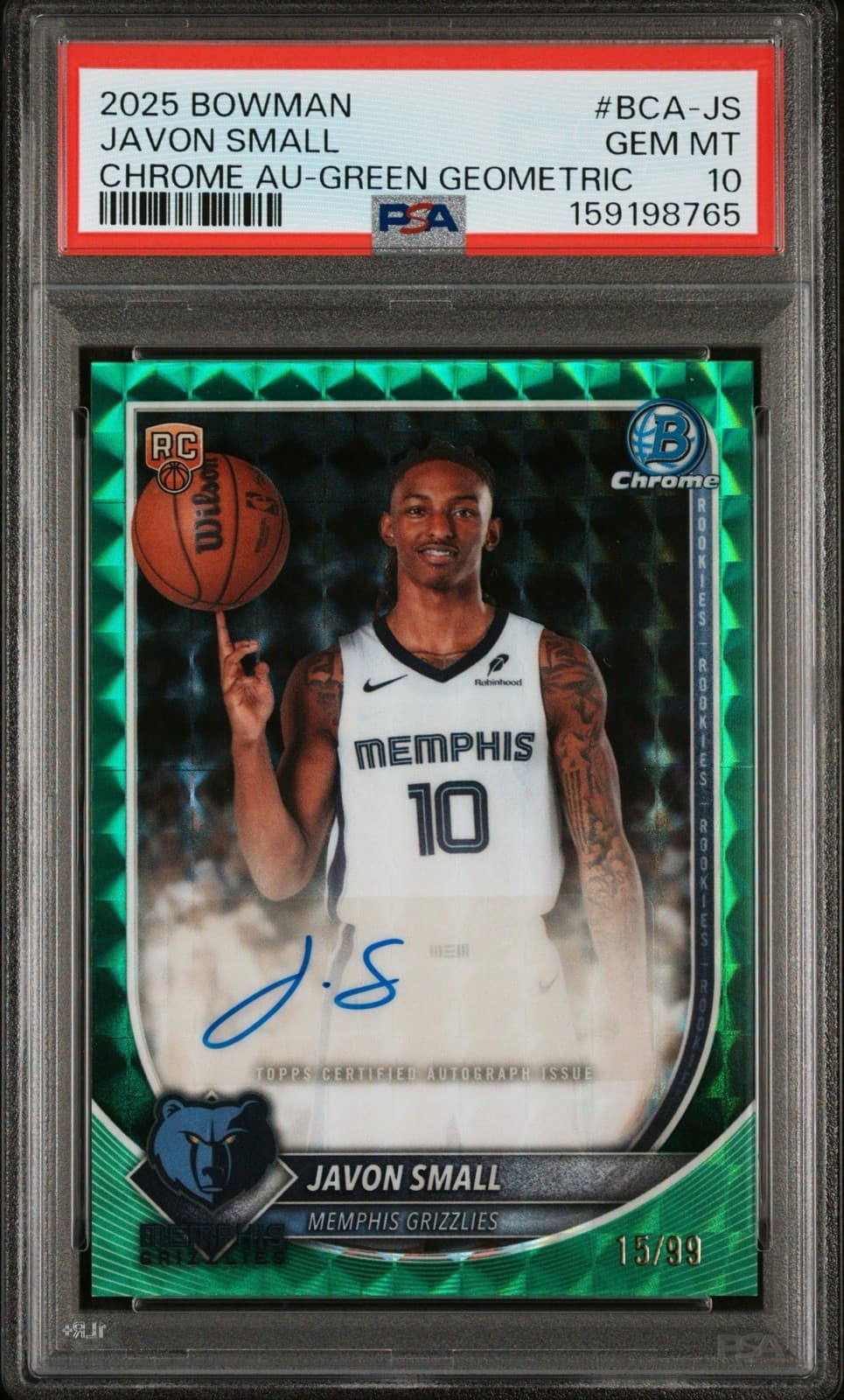 2025 BOWMAN CHROME AUTOGRAPHS - JAVON SMALL (RC) GREEN GEOMETRIC /99. PSA 10 GEM