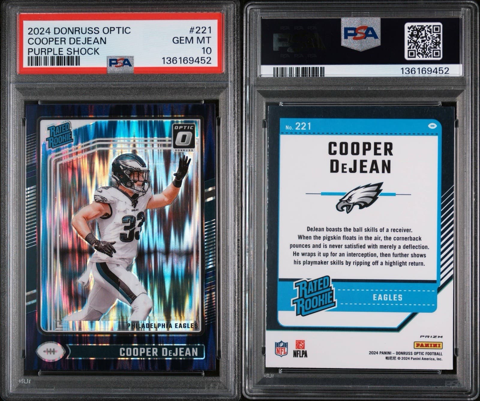 2024 Panini Donruss Optic - Rated Rookie Cooper DeJean #221 Purple Shock. PSA 10