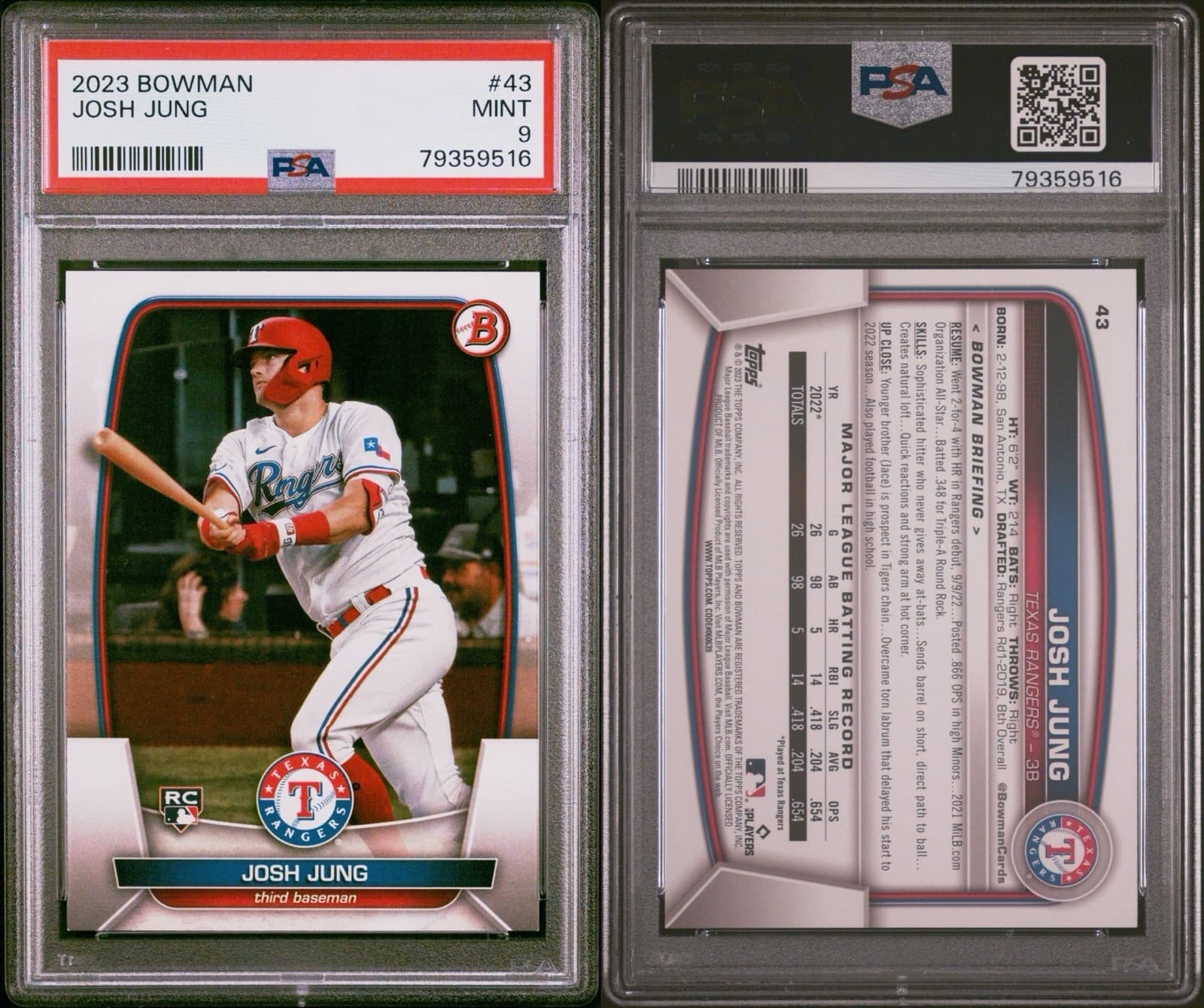 2023 Bowman - #43 Josh Jung (RC). PSA 9