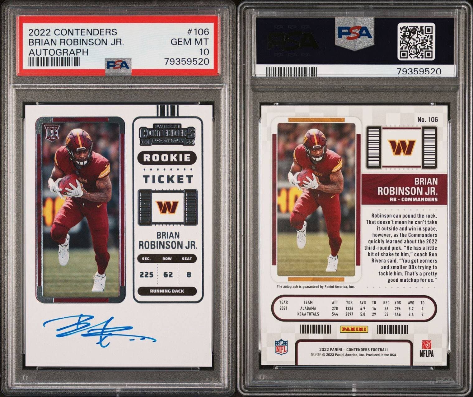 2022 Contenders Brian Robinson Jr Autograph #106. PSA 10. Pop 44. On card auto