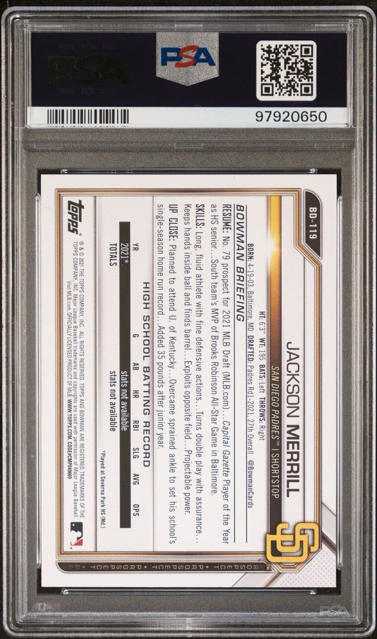 2021 BOWMAN DRAFT JACKSON MERRILL #BD119 PSA 9 MINT 1ST BOWMAN