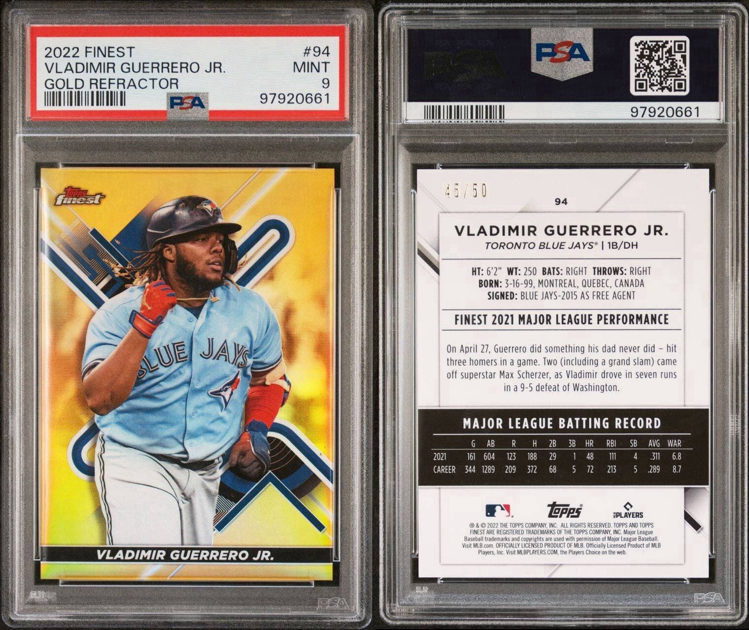 2022 Topps Finest Vladimir Guerrero Jr. #94 Gold Refractor /50 PSA 9