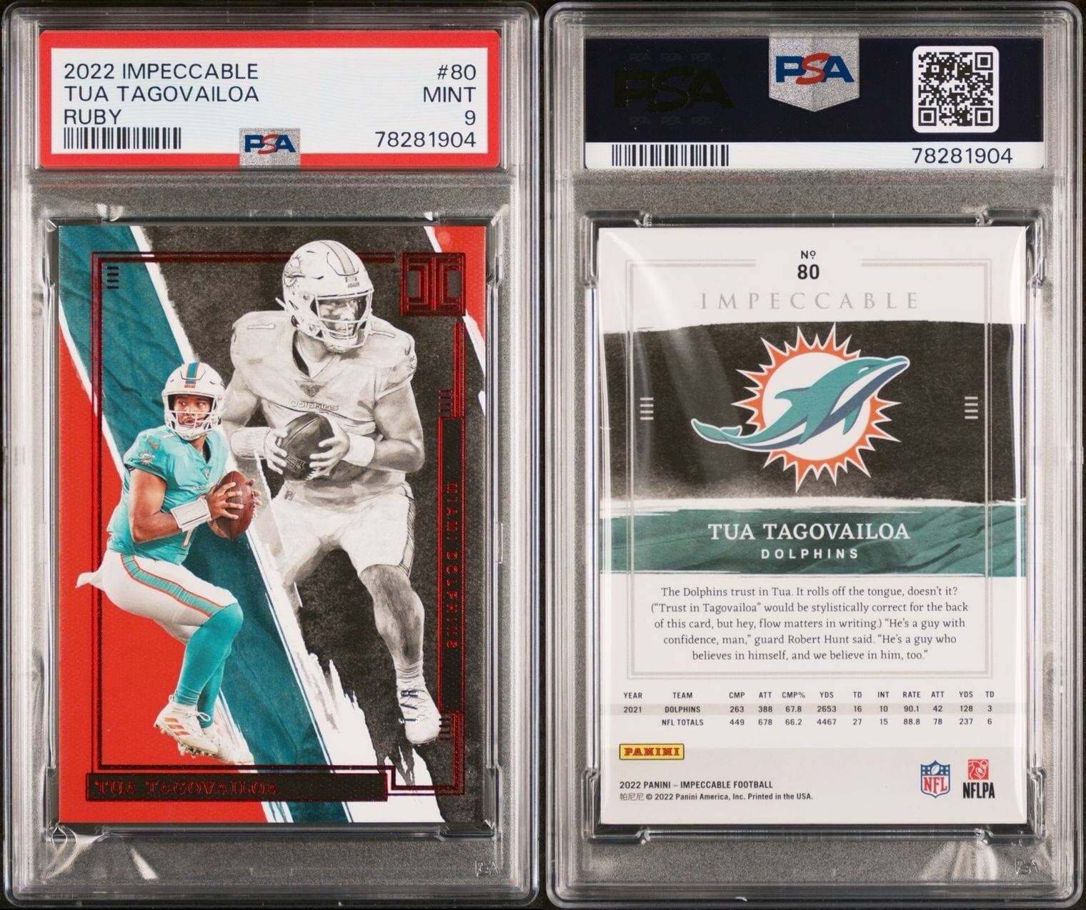 2022 Impeccable Tua Tagovailoa Ruby 1/8 (Jersey #). PSA 9. Pop 1.