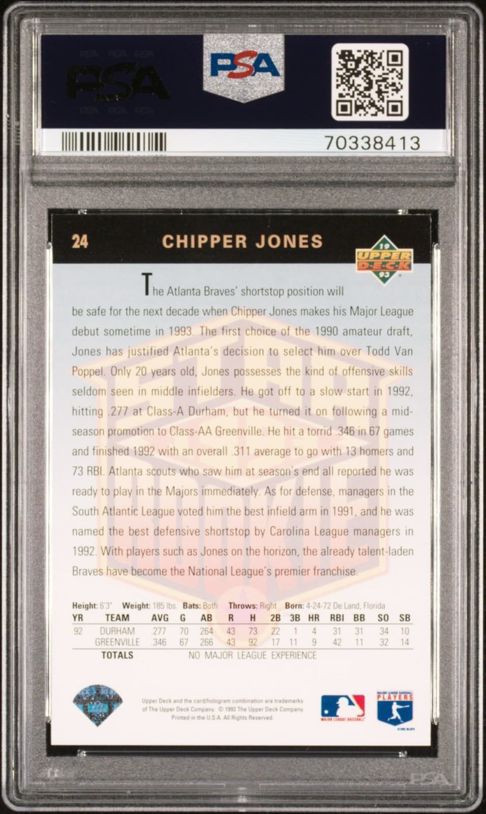 1993 Upper Deck Star Rookie - Chipper Jones Atlanta Braves #24. PSA 7 NM