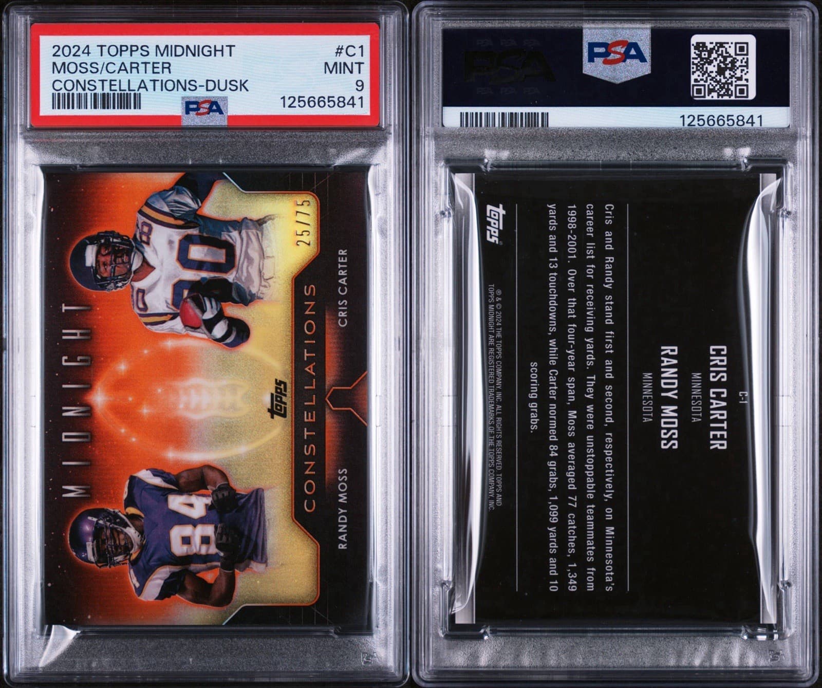2024 Topps Midnight - Constellations Randy Moss/Cris Carter #C-1 Dusk /75. PSA 9