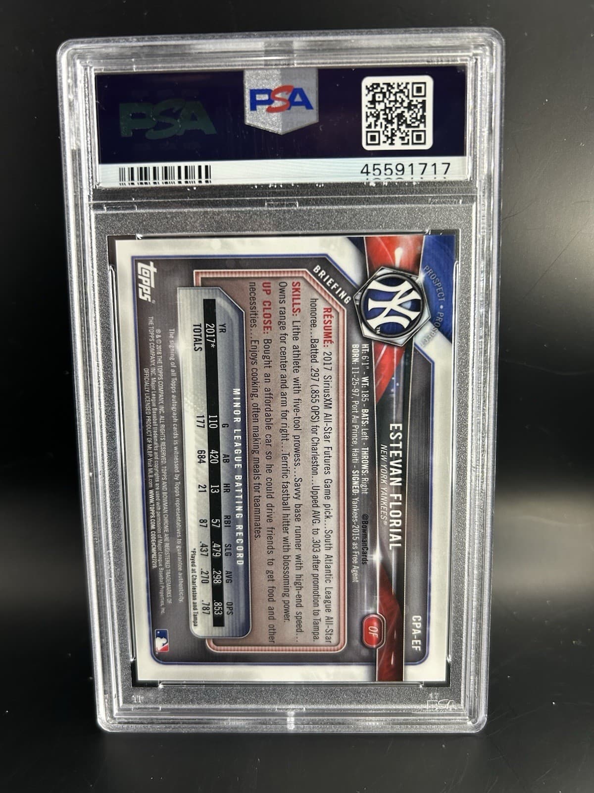 2018 Bowman - Chrome Prospect Autographs Estevan Florial #CPA-EF (AU, RC). PSA 9