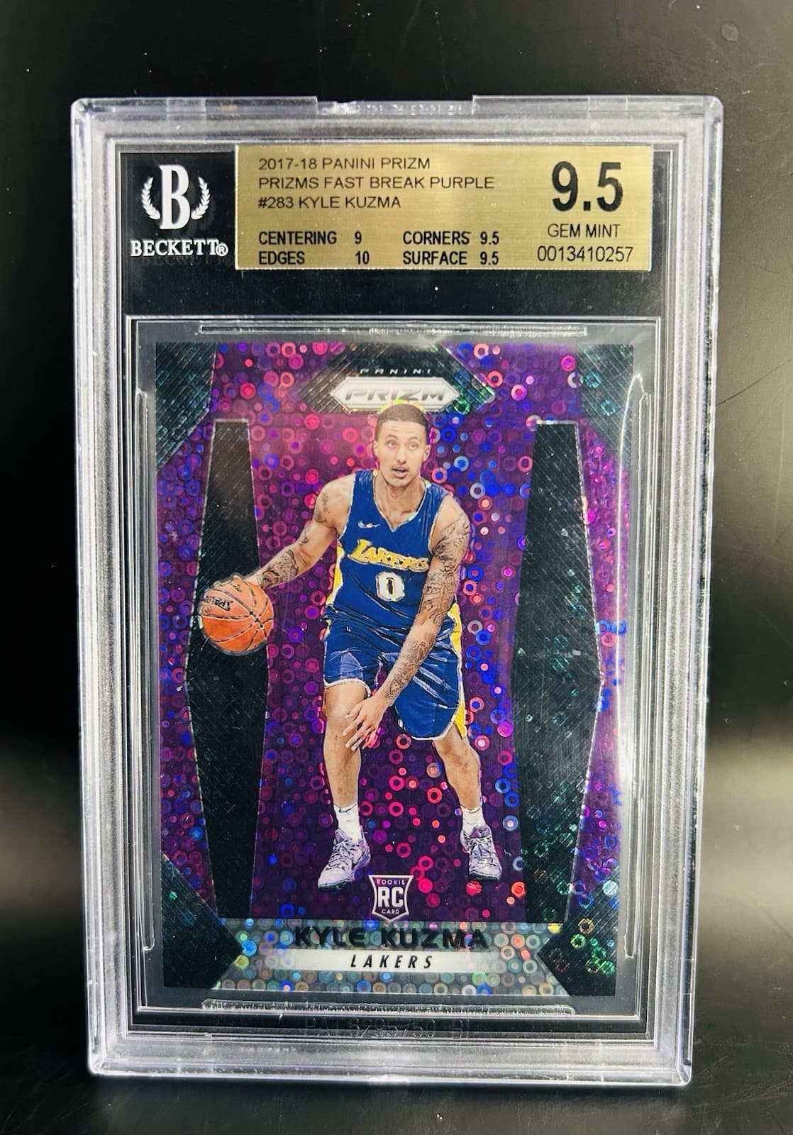 2017-18 Panini Prizm Fast Break Purple - Kyle Kuzma #283 (RC) /75. BGS 9.5