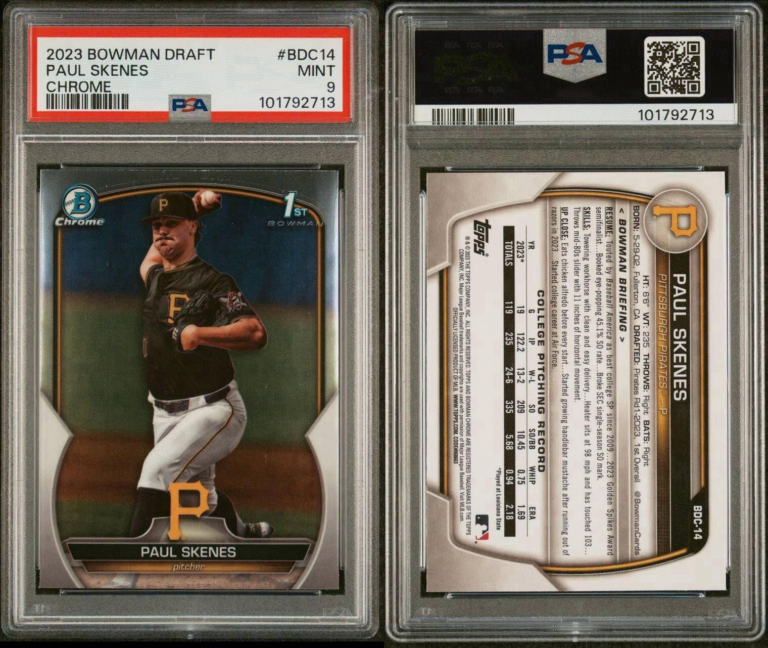 2023 Bowman Draft - Chrome #BDC-14 Paul Skenes (RC). PSA 9.