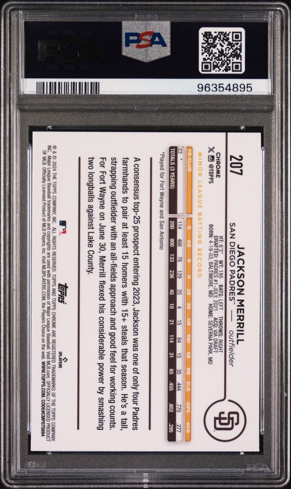 2024 Topps Chrome - Jackson Merrill #207 (RC). PSA 9 Mint