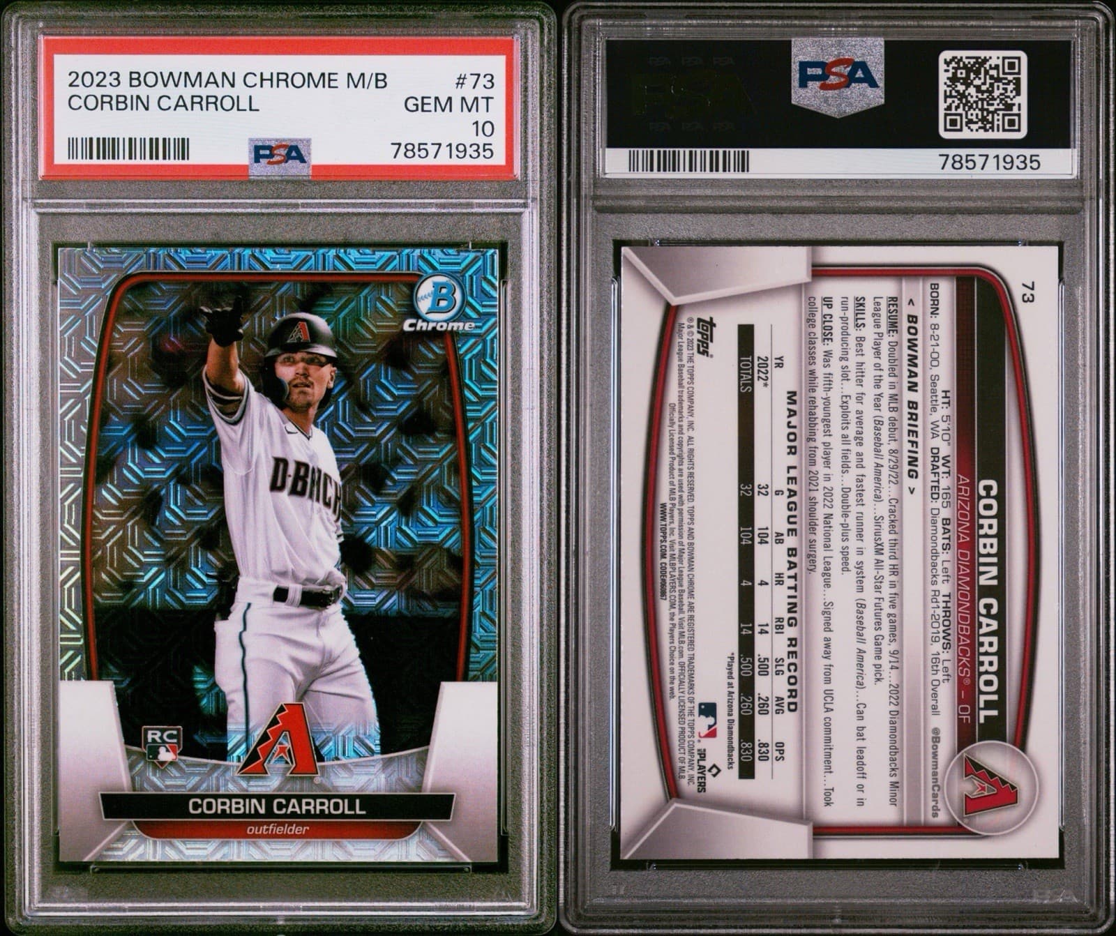 2023 Bowman Chrome Mojo Refractor Corbin Carroll (RC) #73. PSA 10 - GEM MT.