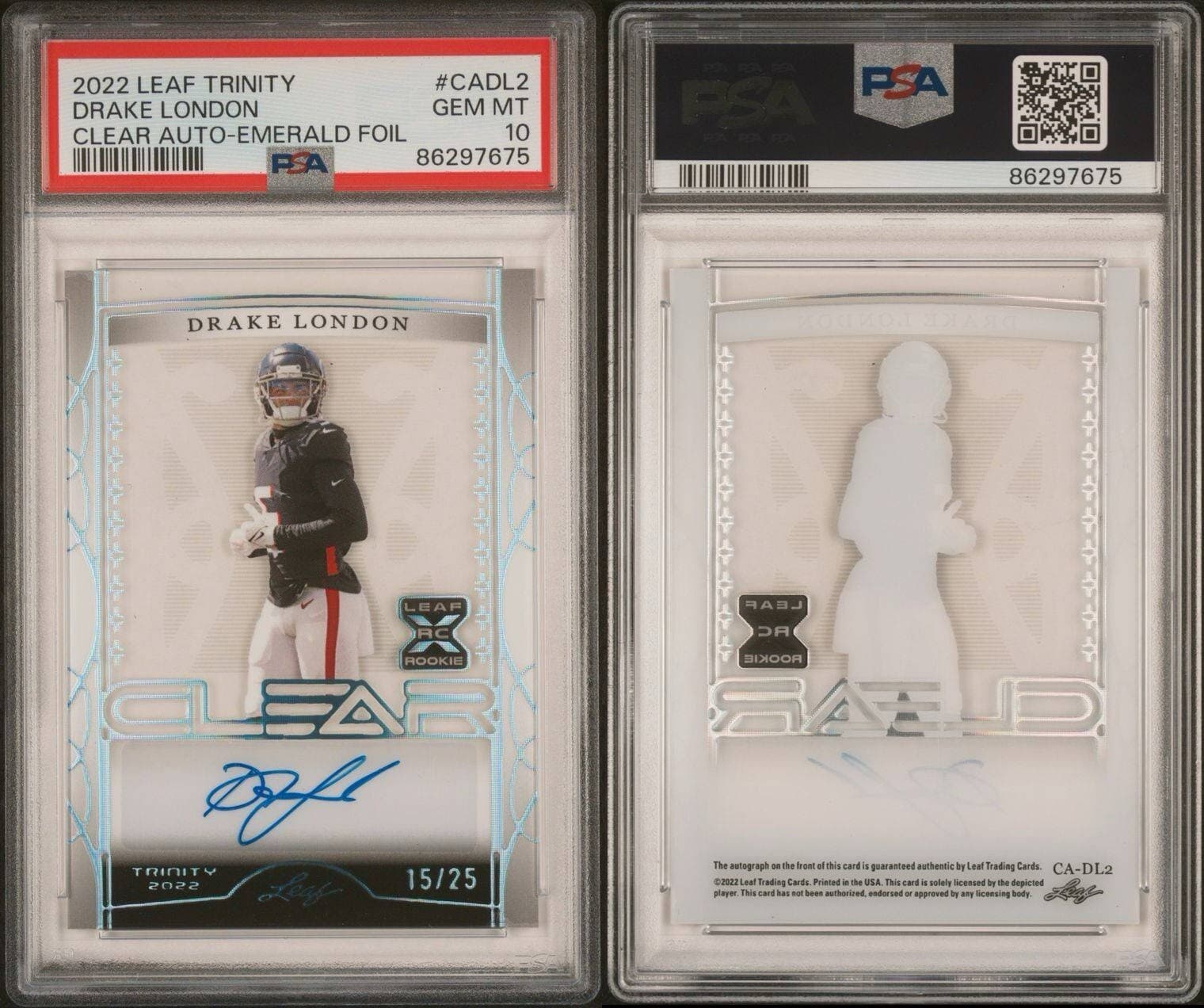 2022 Leaf Trinity Drake London Clear Auto-Emerald Foil /25 #CADL2 PSA 10. Pop 1