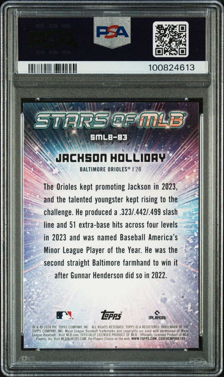 2024 Topps - Stars of MLB - Jackson Holliday #SMLB-83 (RC). PSA 10 GEM MT