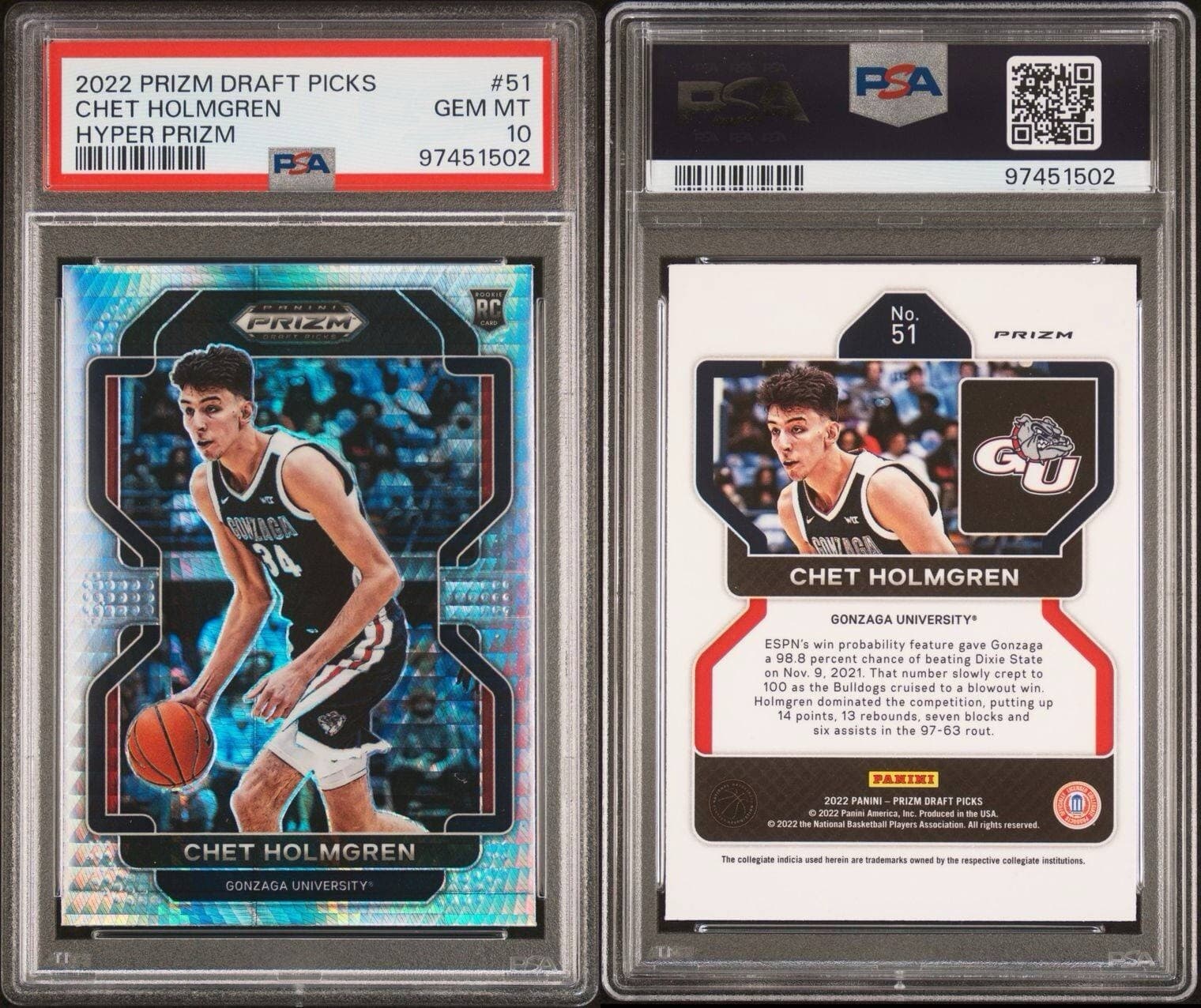 2022-23 Prizm Draft Picks - Hyper Prizm #51 Chet Holmgren (RC). PSA 10. Pop 13