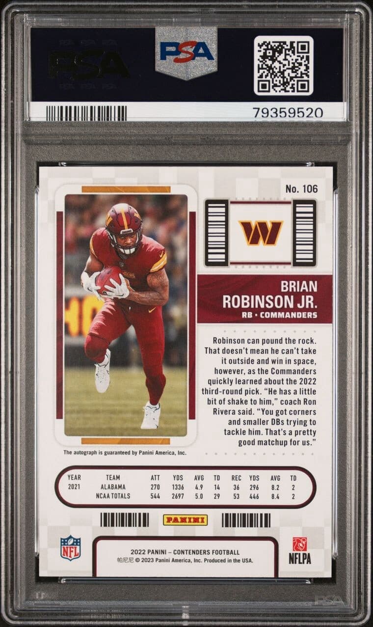 2022 Contenders Brian Robinson Jr Autograph #106. PSA 10. Pop 44. On card auto