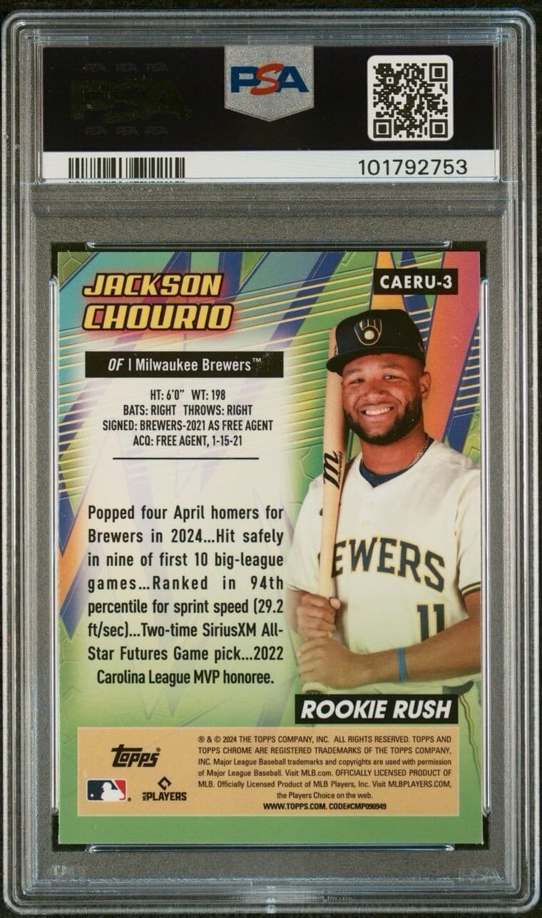 2024 Topps Chrome Update. All-Etch Rookie Rush. Jackson Chourio. PSA 10. Pop 38!