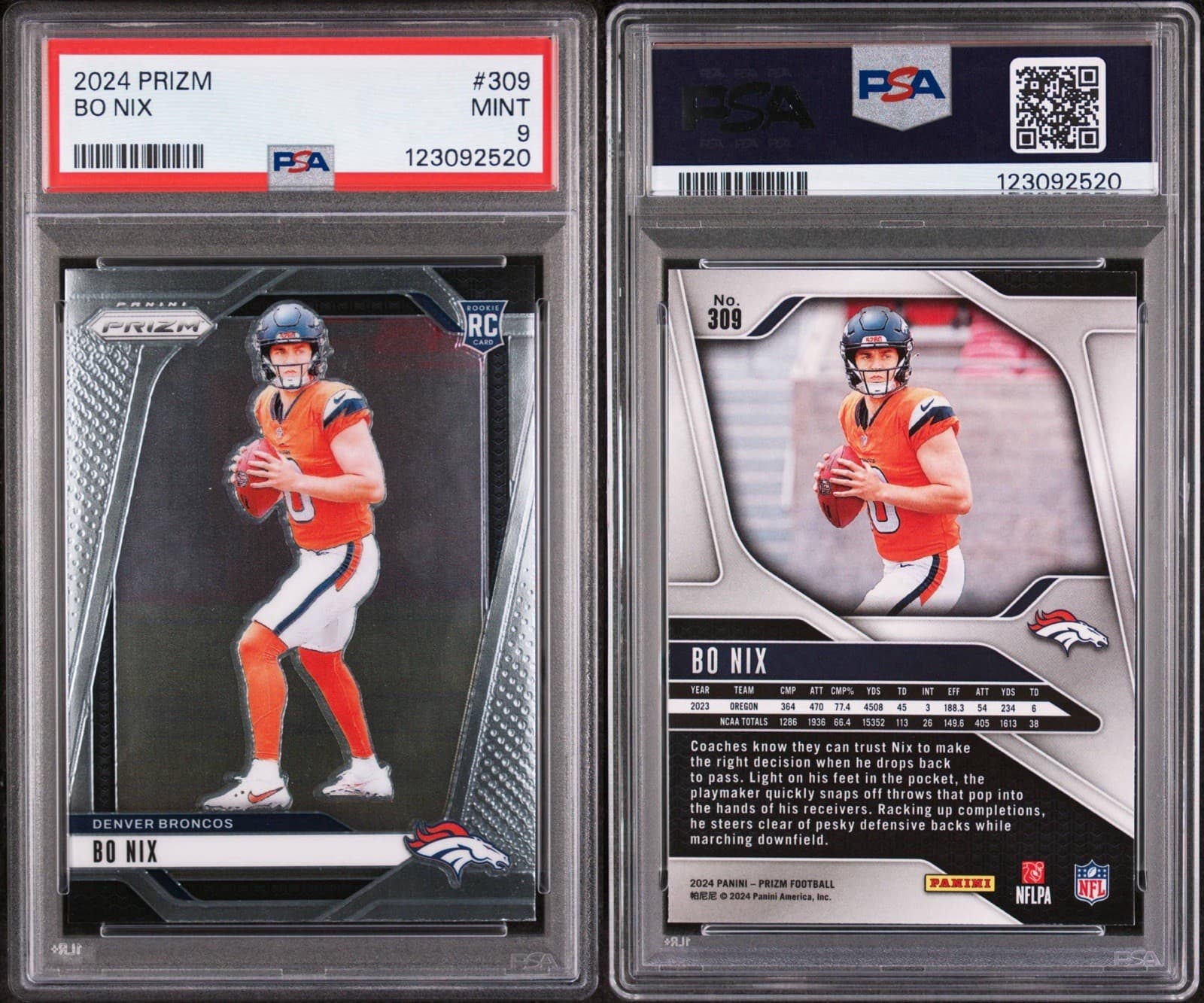 2024 Panini Prizm - Bo Nix #309 (RC). PSA 9 Mint