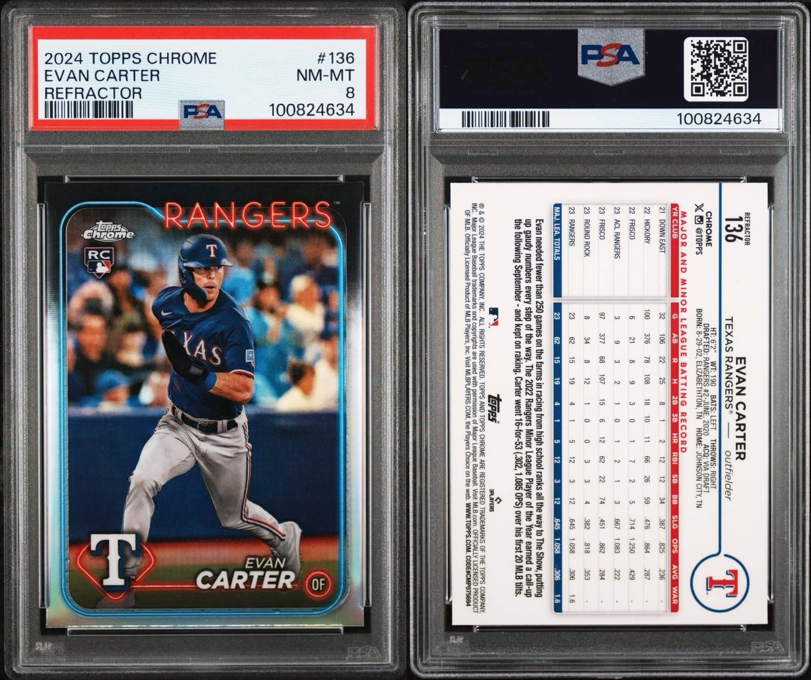 2024 Topps Chrome - Evan Carter #136 Refractor (RC). PSA 8. NM-MT