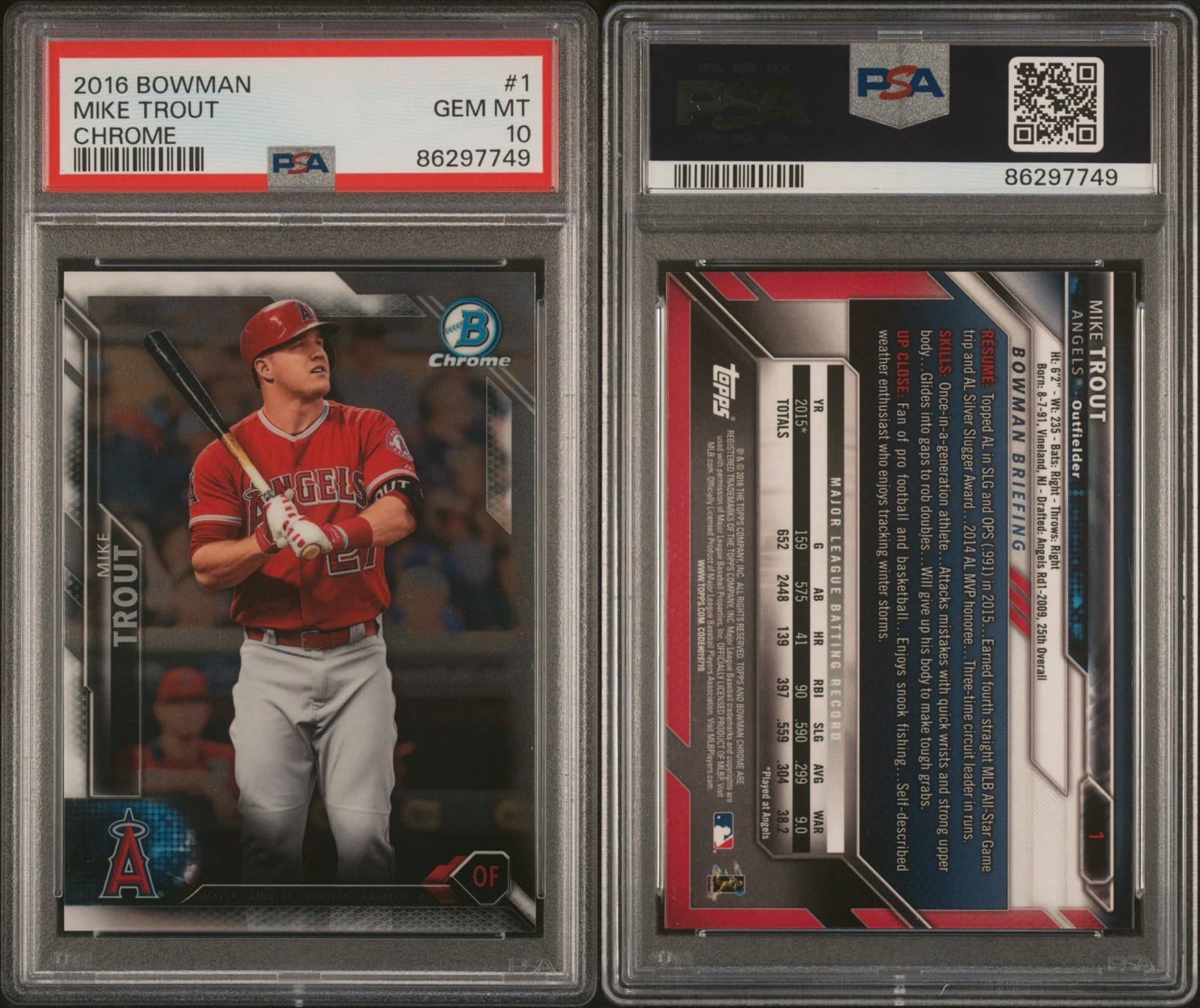 2016 Bowman Base Chrome - Mike Trout #1. PSA 10 GEM MT.