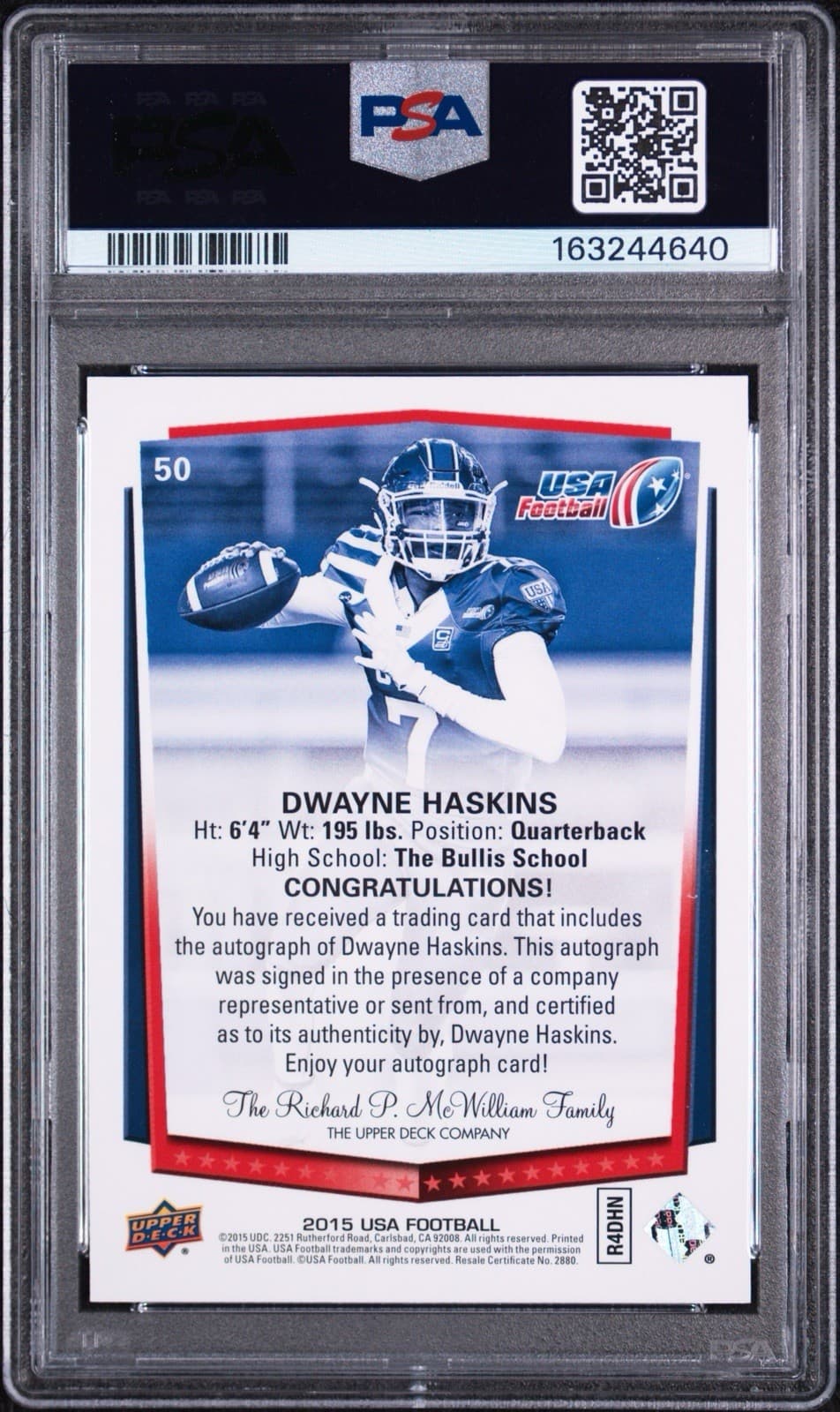 2015 Upper Deck USA Football - U-18 Dwayne Haskins #50 Autographs. PSA 10 GEM MT