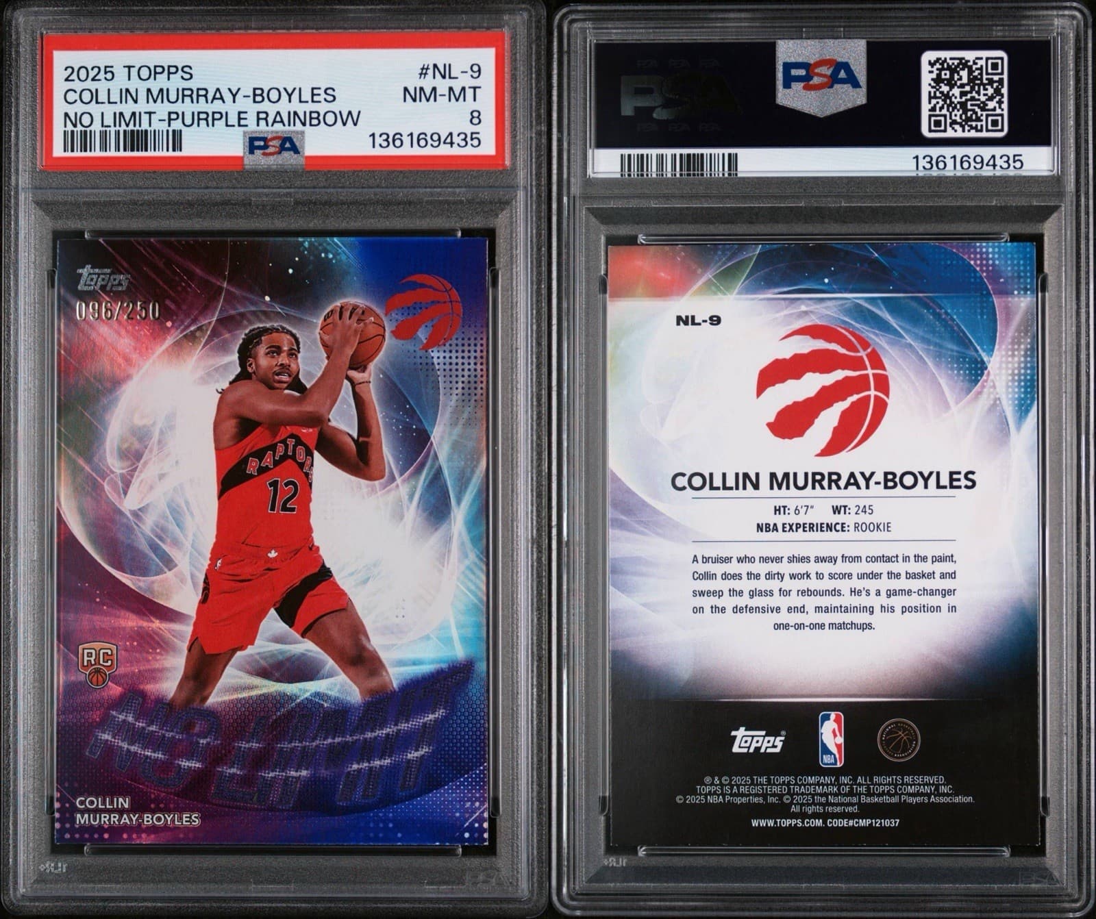 2025 Topps - No Limit Collin Murray-Boyles #NL-9 Purple Rainbow /250 (RC). PSA 8