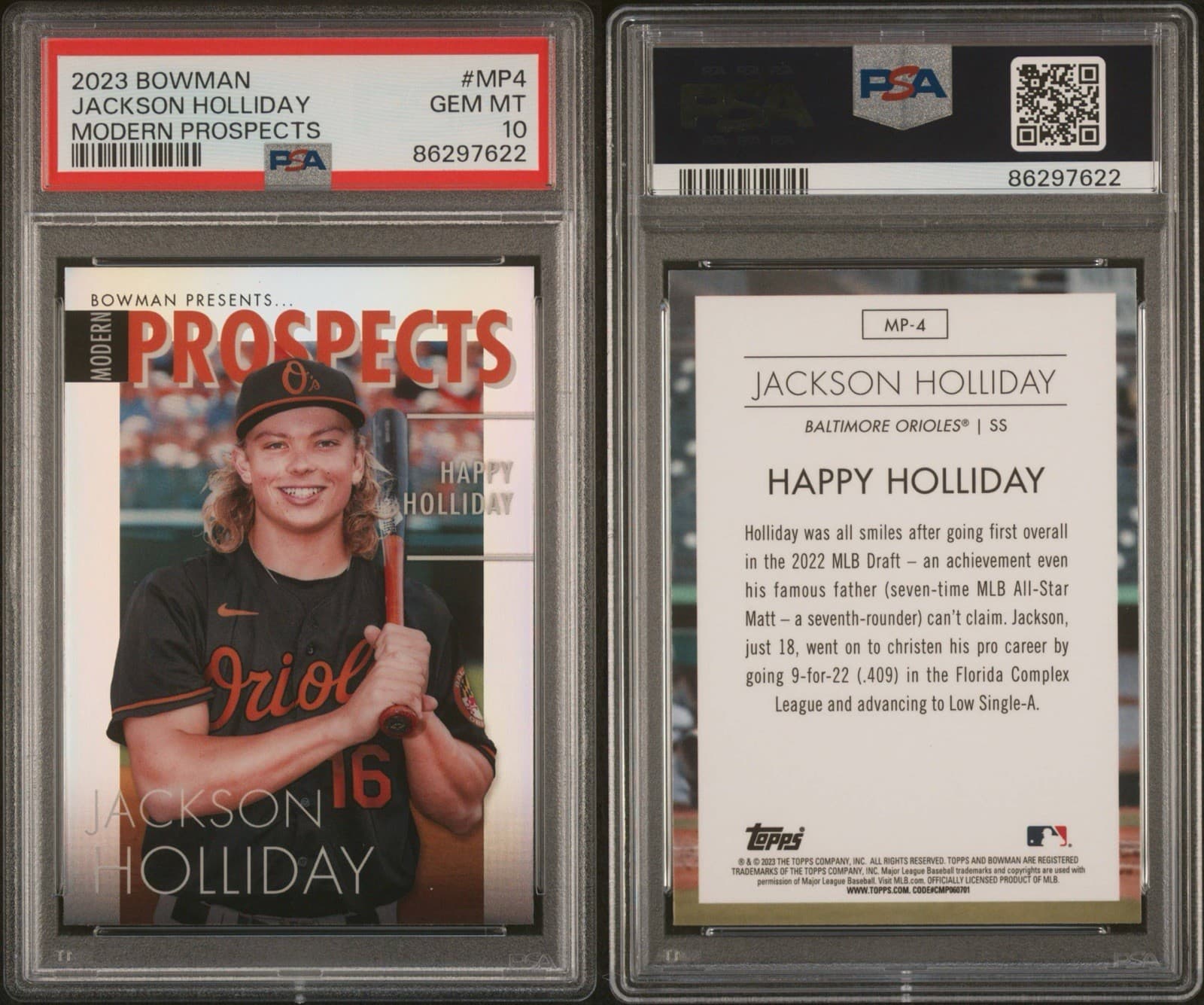 2023 Bowman - Modern Prospects Jackson Holliday #MP-4 (RC). PSA 10 GEM MT.