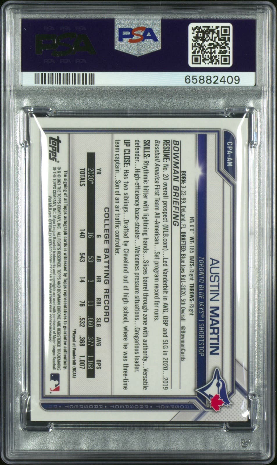 2021 Bowman - Chrome Prospects Autographs #CPA-AM Austin Martin (AU, RC). PSA 9