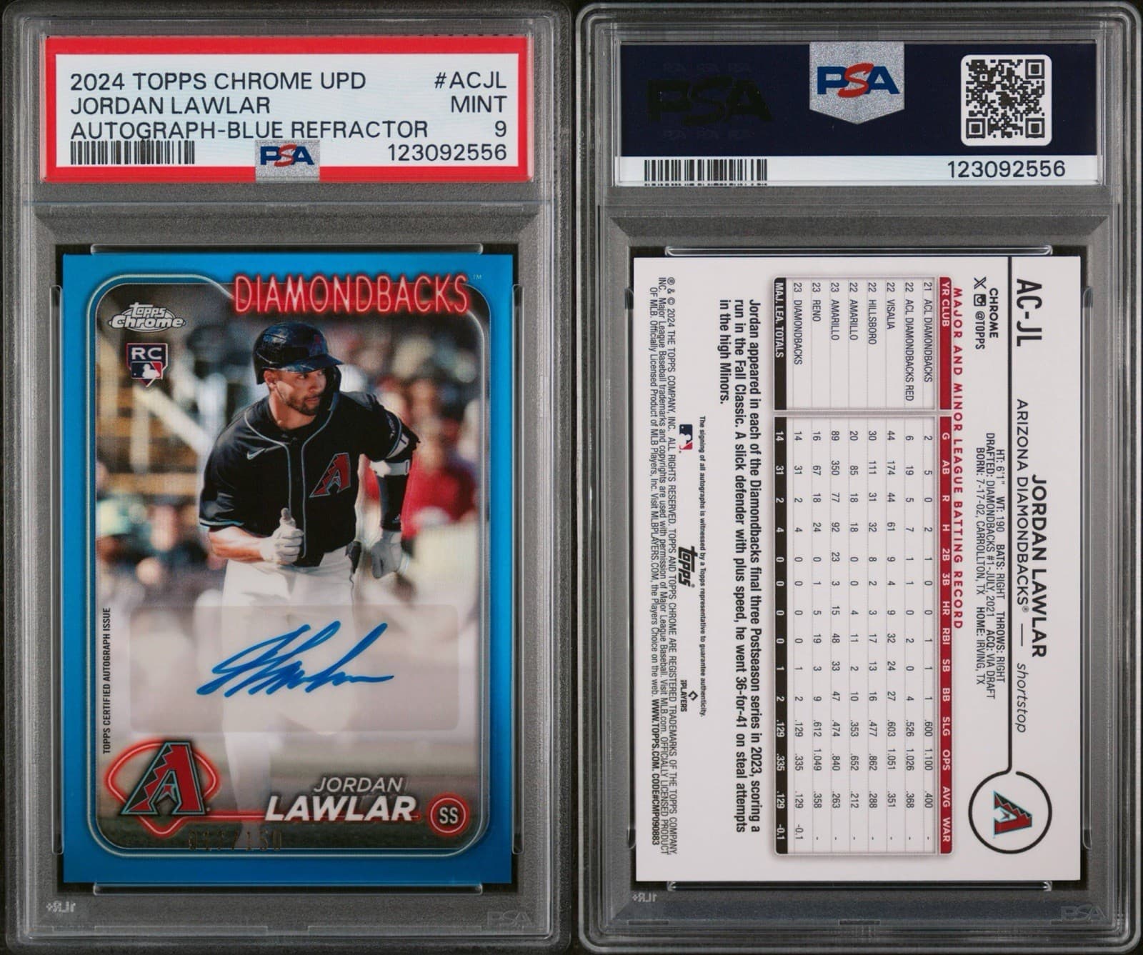 2024 Topps Chrome Update - Autographs Jordan Lawlar Blue Refractor /150. PSA 9