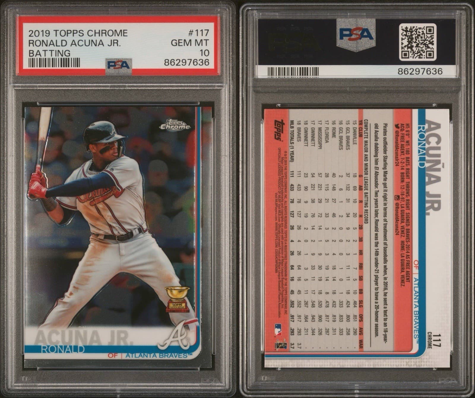 2019 Topps Chrome - Ronald Acuña Jr. #117 Batting. Rookie Cup. PSA 10!