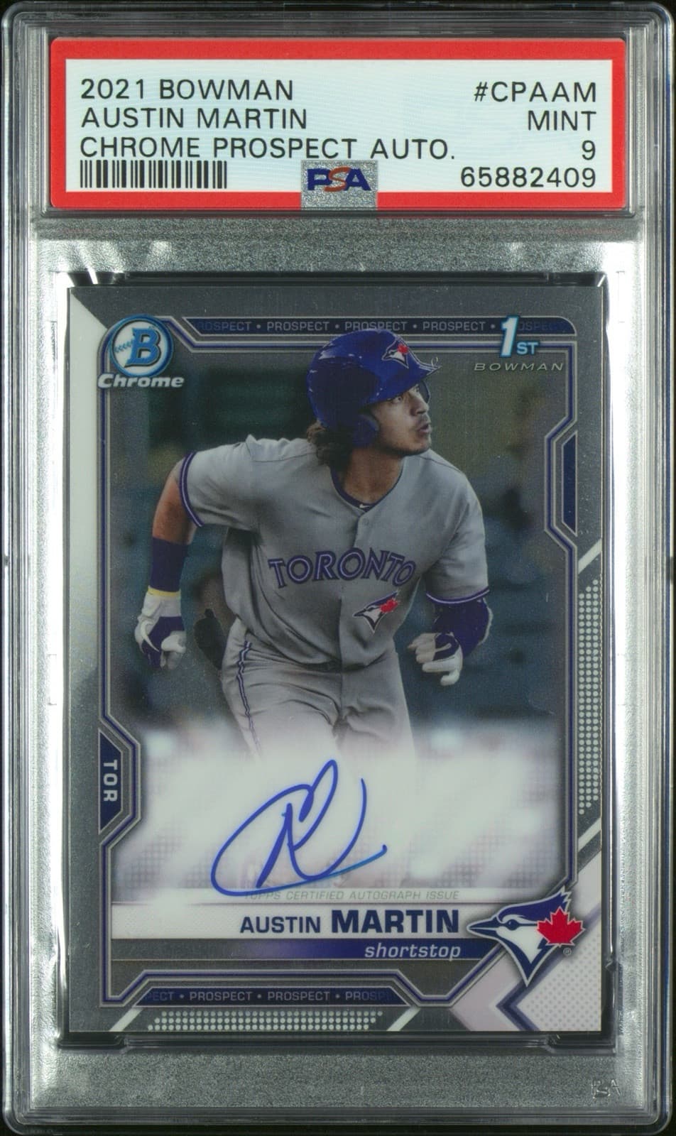 2021 Bowman - Chrome Prospects Autographs #CPA-AM Austin Martin (AU, RC). PSA 9