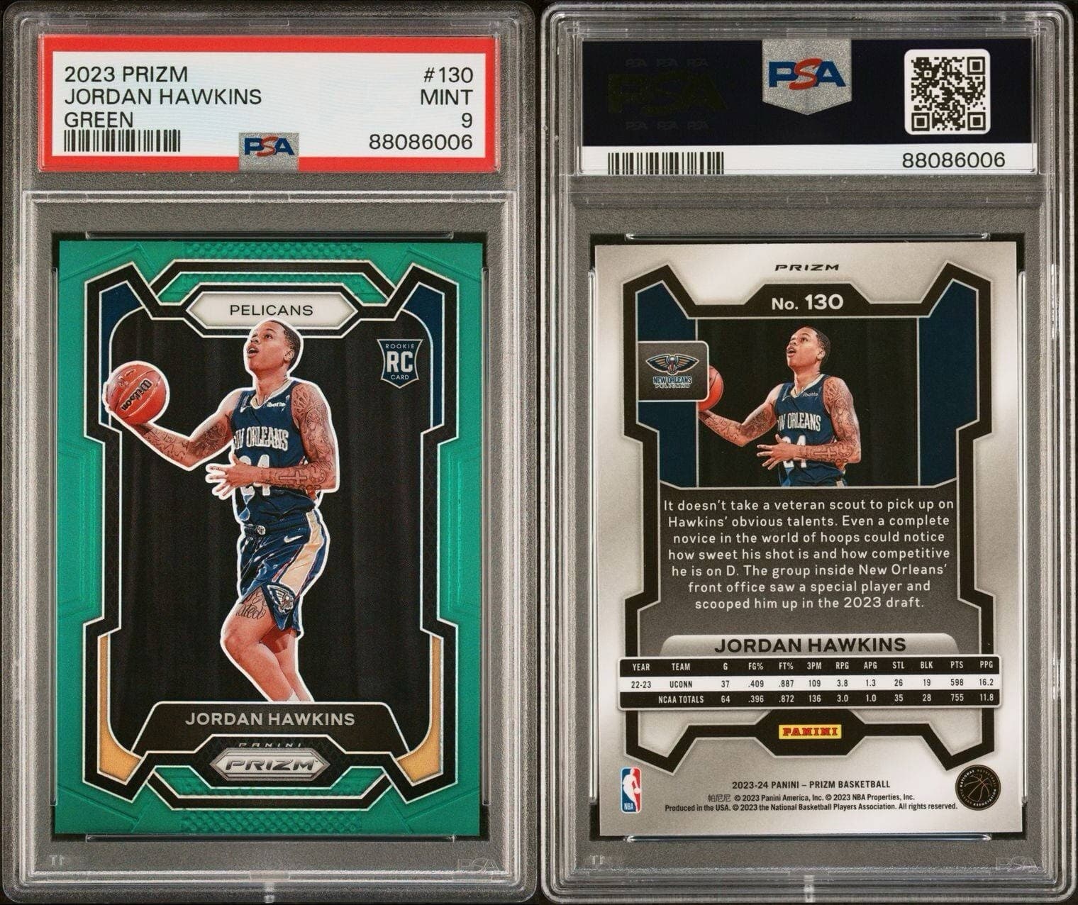 2023-24 Panini Prizm - Green Prizm #130 Jordan Hawkins (RC). PSA 9. Pop 8