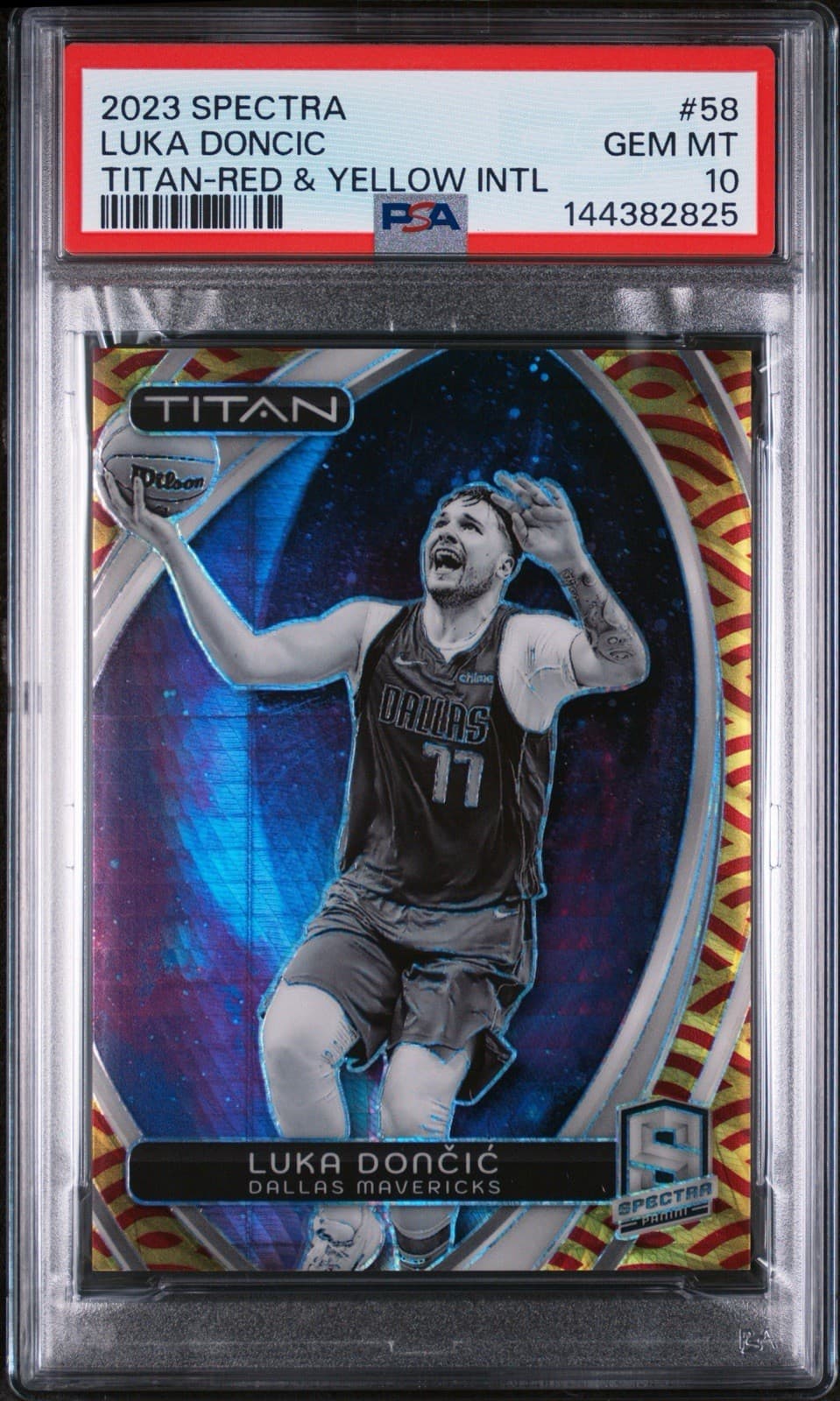 2023 SPECTRA LUKA DONCIC #58 TITAN-RED & YELLOW INTL /49. PSA 10 GEM MT. Pop 4