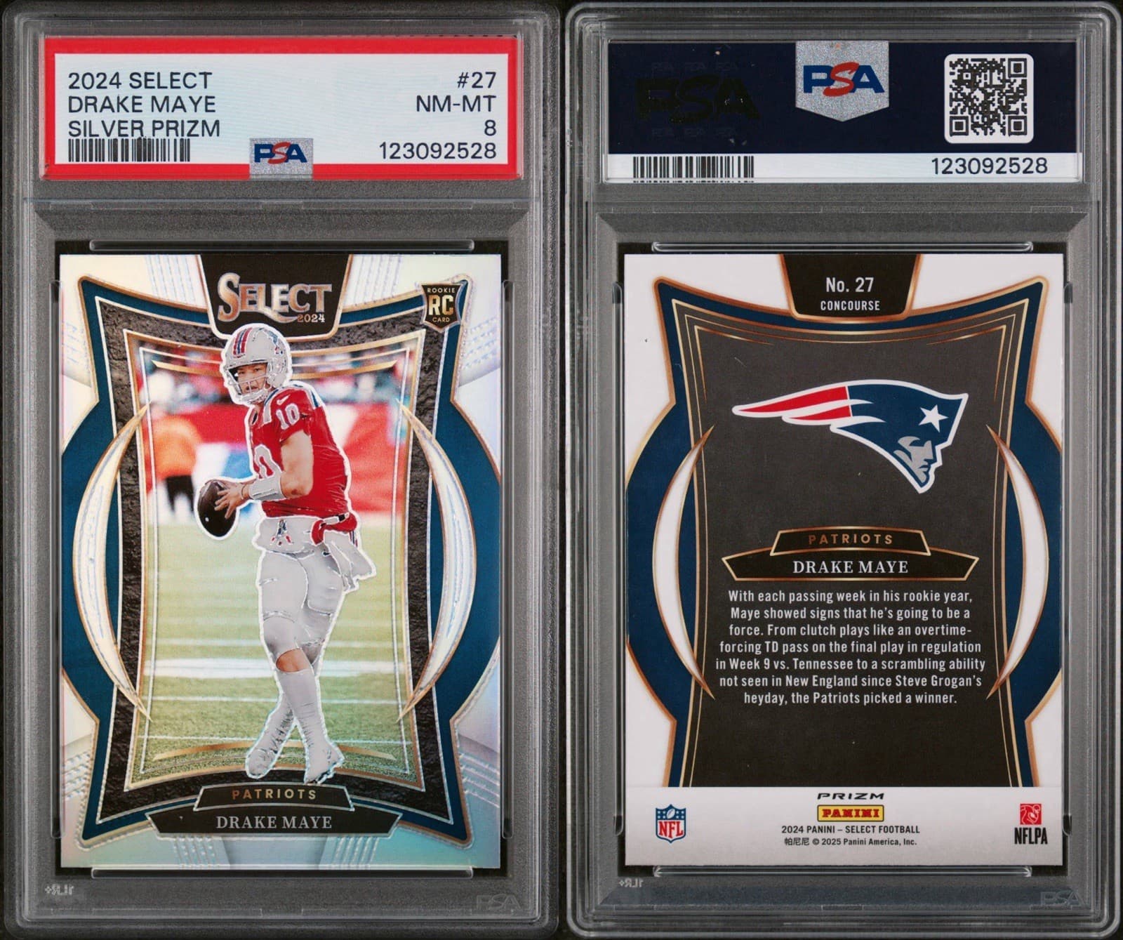 2024 Panini Select - Concourse Drake Maye #27 Silver Prizm (RC). PSA 8 NM-MT