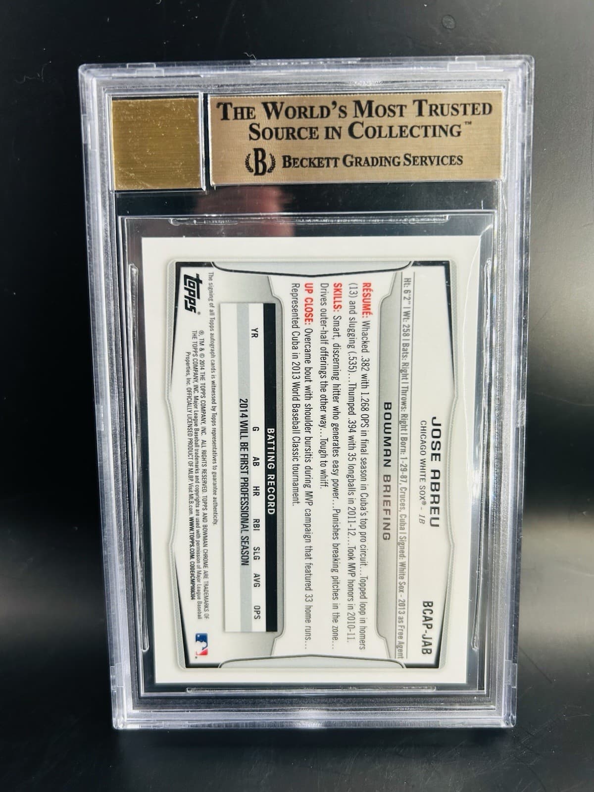 2014 Bowman - Prospect Autographs Chrome José Abreu #BCAP-JAB (RC). BGS 9.5/10.