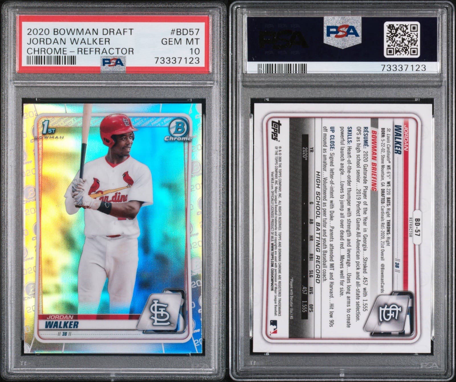 2020 Bowman Draft - Jordan Walker #BD-57 Chrome - Refractor (RC). PSA 10 GEM MT