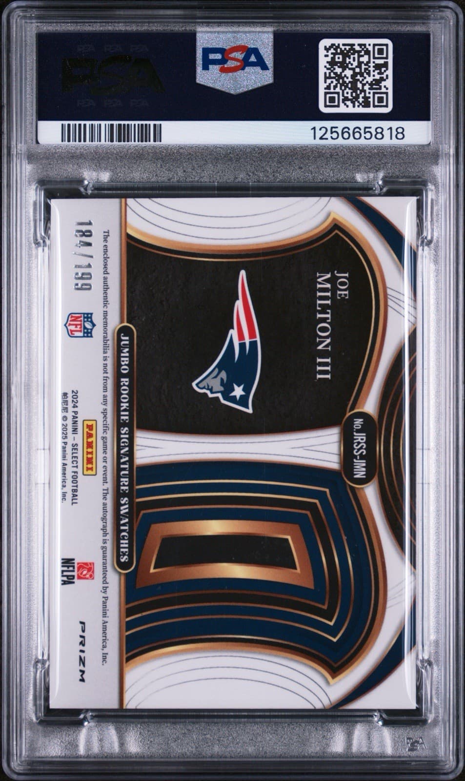 2024 Select - Jumbo Rookie Signature Swatches - Joe Milton III (RC) /199. PSA 9