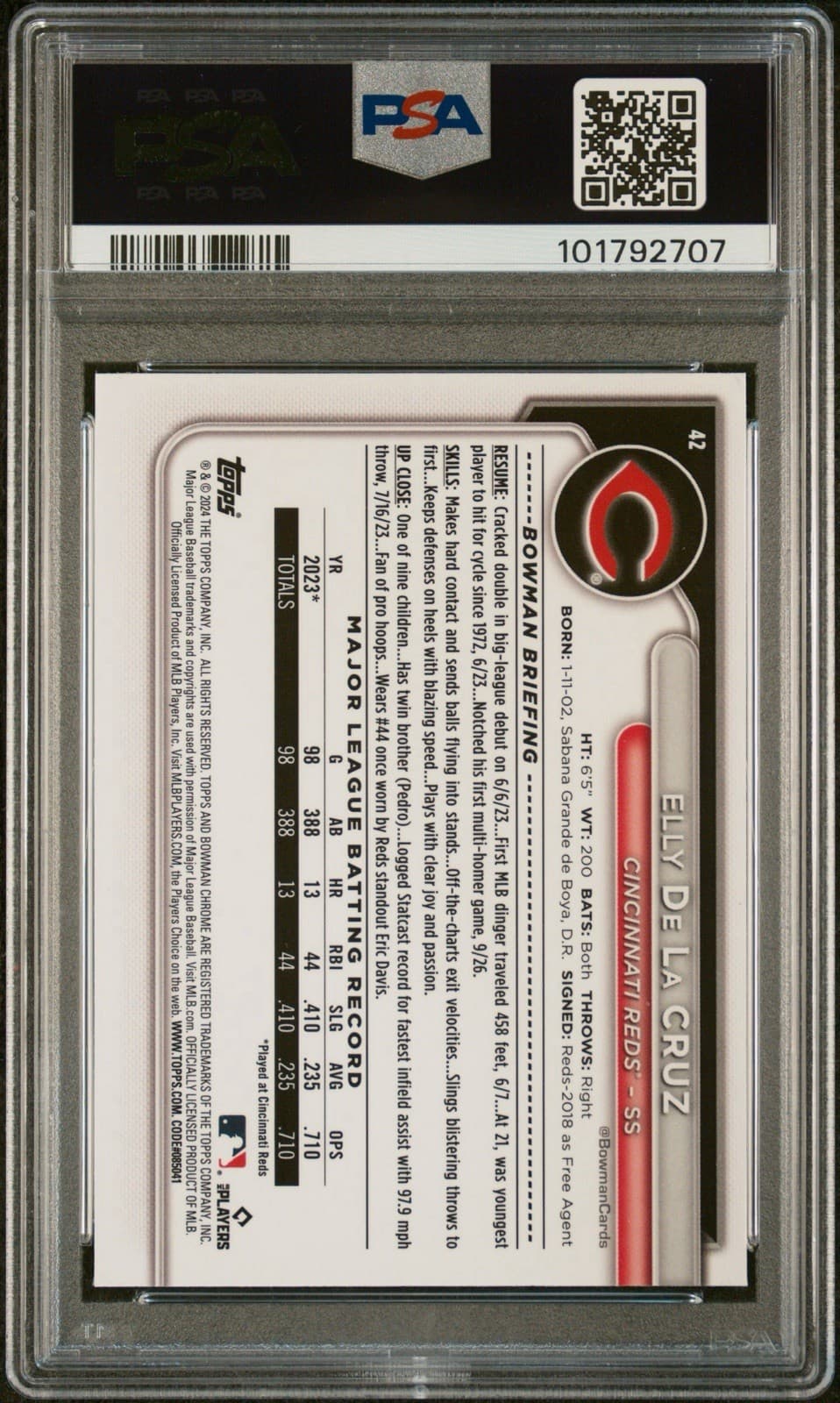 2024 Bowman Chrome - Elly De La Cruz #42 (RC). PSA 9 Mint.