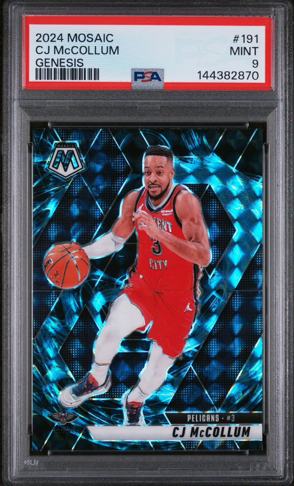 2024-25 PANINI MOSAIC CJ MCCOLLUM #191 GENESIS PRIZM. CASE HIT SSP. PSA 9 MINT