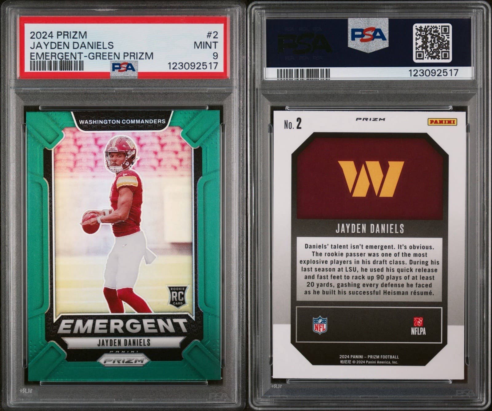2024 Panini Prizm - Emergent Jayden Daniels #2 Green Prizm (RC). PSA 9 Mint
