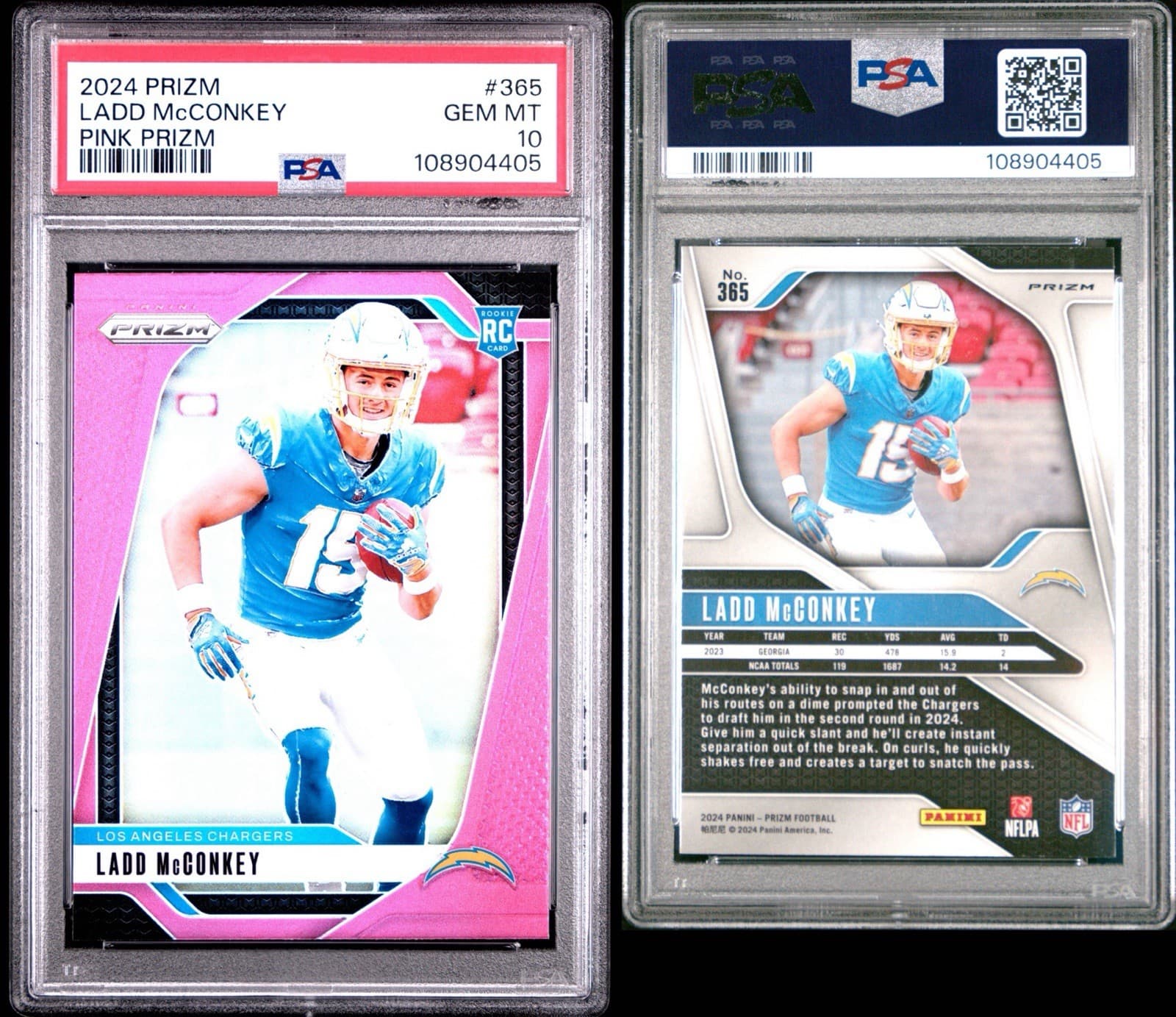 2024 Panini Prizm - Ladd McConkey #365 Pink Prizm (RC). PSA 10 GEM MT