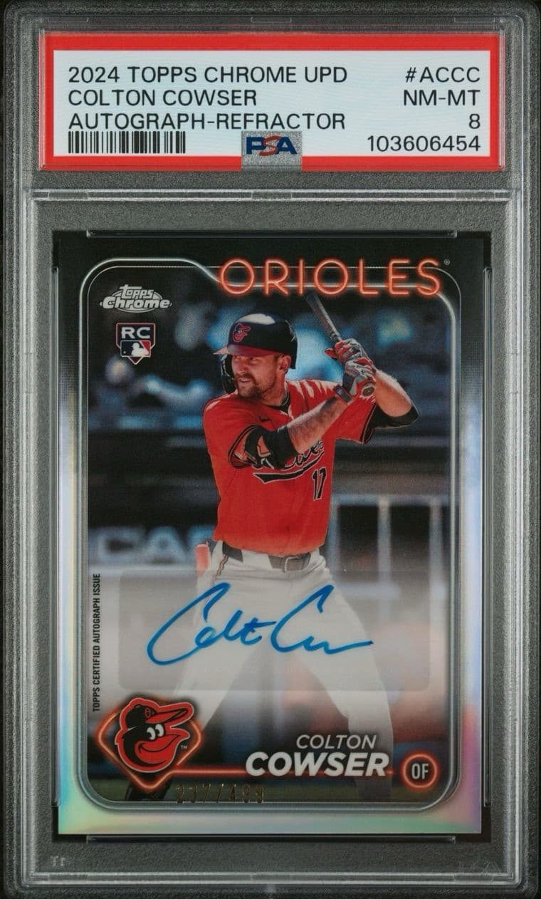 2024 Topps Chrome Update Series - Autographs Refractor Colton Cowser /499. PSA 8