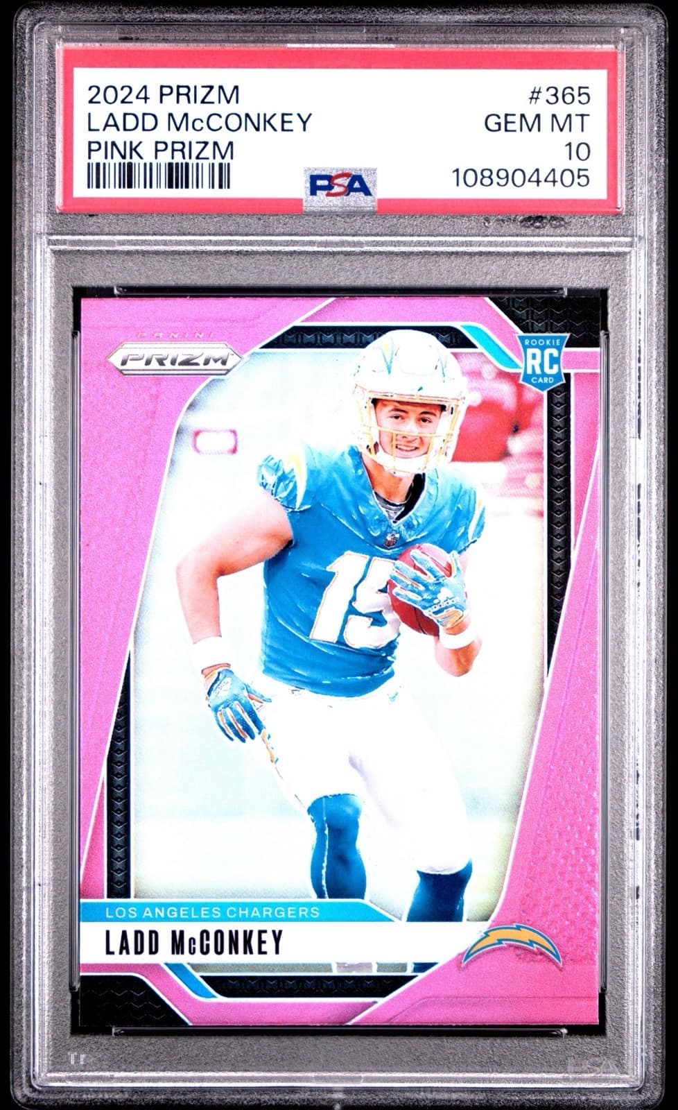 2024 Panini Prizm - Ladd McConkey #365 Pink Prizm (RC). PSA 10 GEM MT