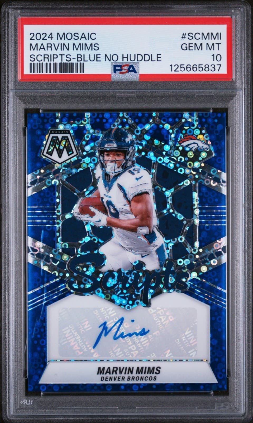 2024 Mosaic - Scripts Marvin Mims - No Huddle Blue Prizm (AU). PSA 10. Pop 1!