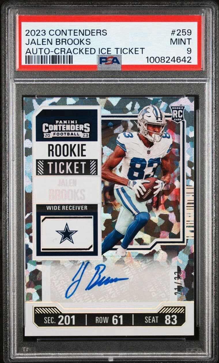2023 Contenders Jalen Brooks Auto Cracked Ice Rookie Ticket 21/23. PSA 9. Pop 1!