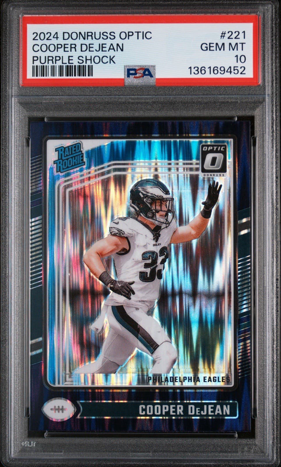 2024 Panini Donruss Optic - Rated Rookie Cooper DeJean #221 Purple Shock. PSA 10