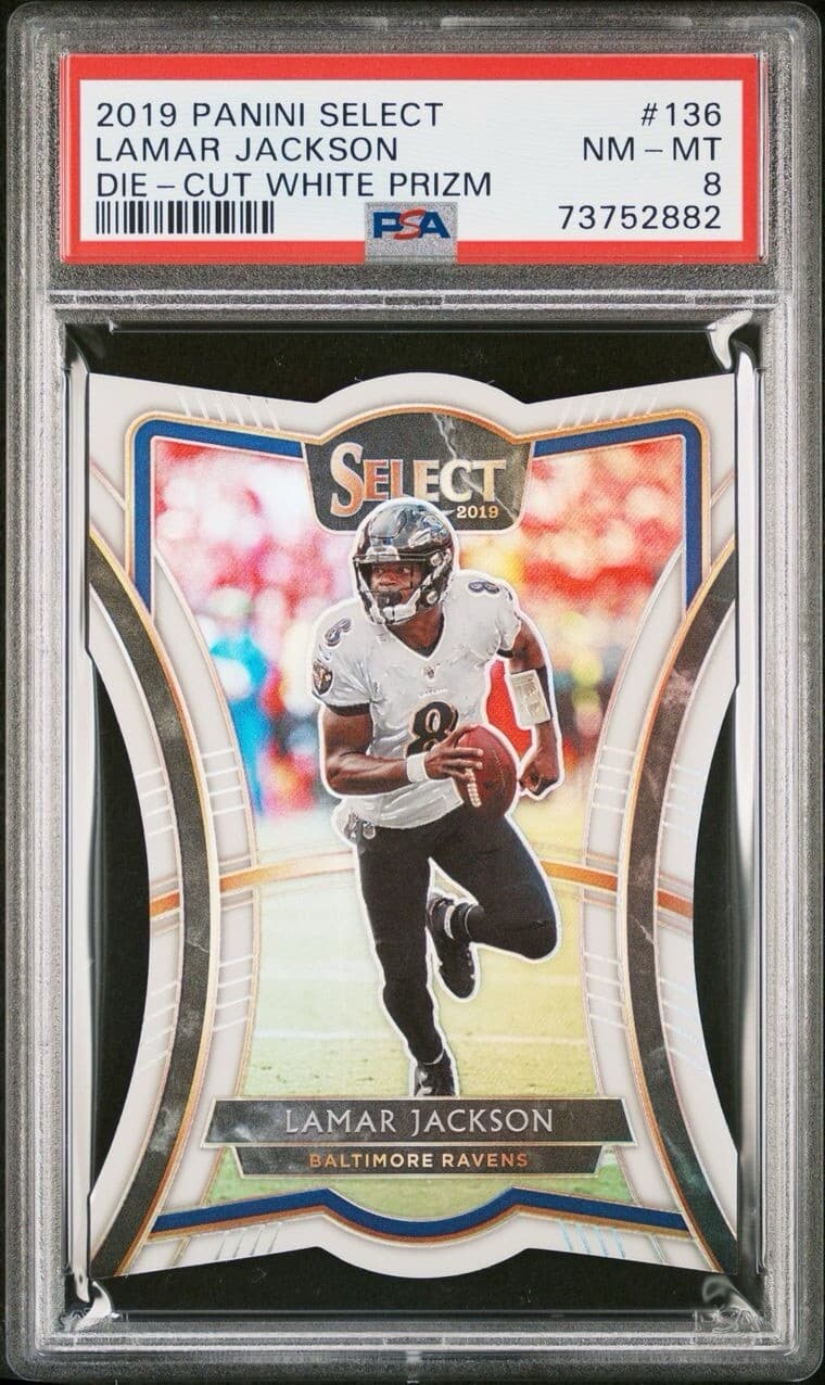 2019 Panini Select Lamar Jackson #136 Die-Cut White Prizm. 12/35. PSA 8. Pop 1.