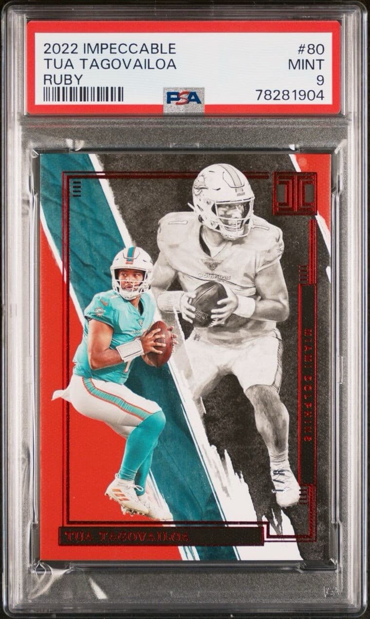 2022 Impeccable Tua Tagovailoa Ruby 1/8 (Jersey #). PSA 9. Pop 1.