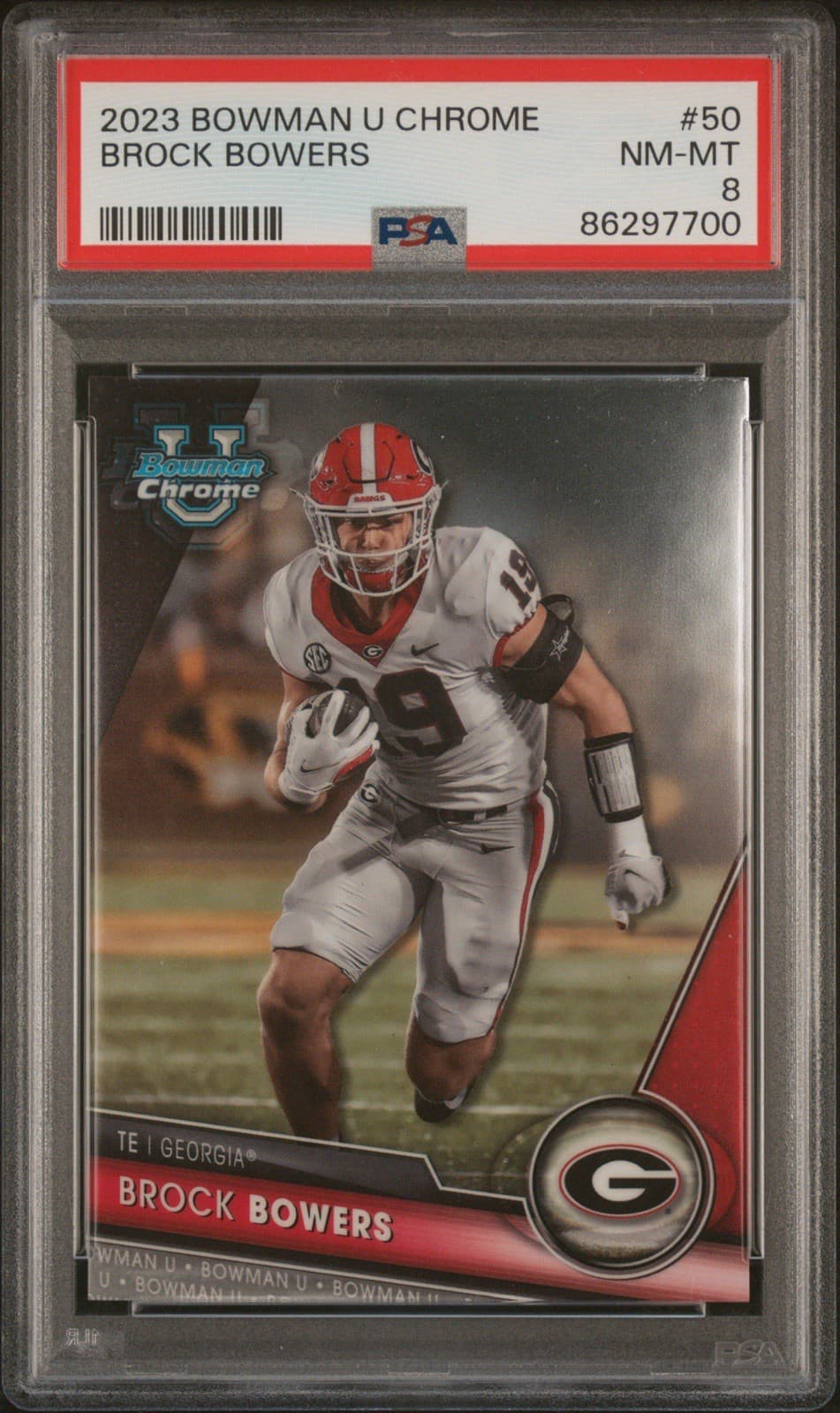 2023 Bowman University Chrome - Brock Bowers #50 (RC). PSA 8 NM - MT