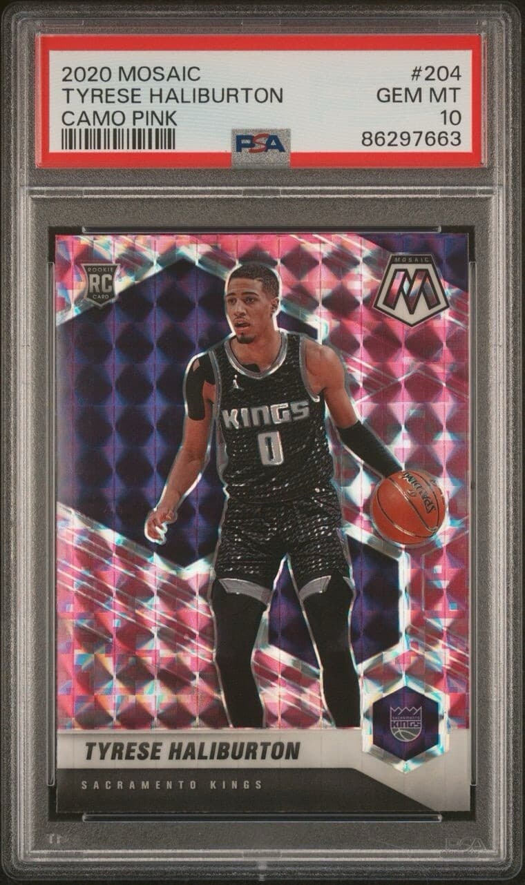 2020 Mosaic Tyrese Haliburton - Rookie Pink Camo Mosaic Prizm #204 (RC). PSA 10